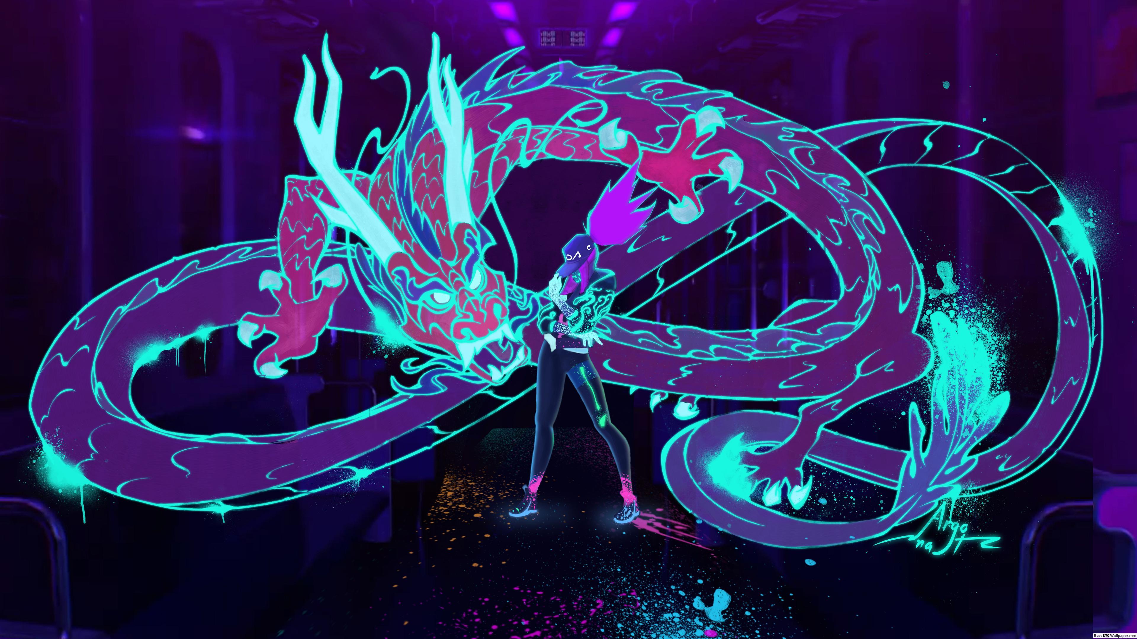 3840x2160 League Of Legends (LOL) : Neon Dragon K DA Akali HD Wallpaper Download