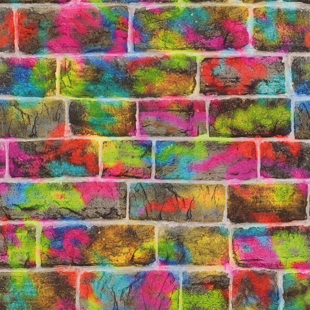 1000x1000 Rasch Multi Colour Graffiti Neon Brick Wall Art Spray Paint