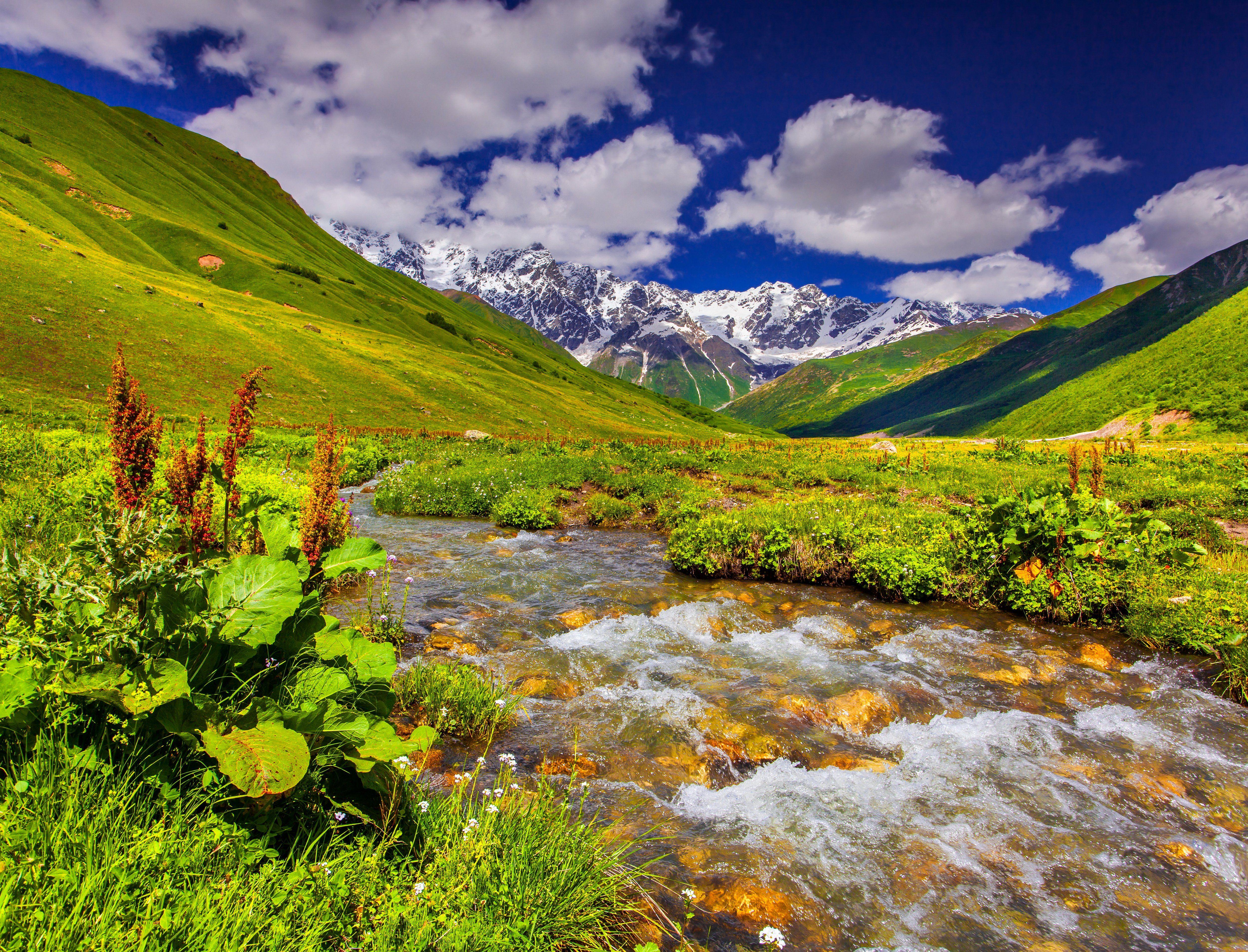 5000x3814 Scenery Mountains Stream Grass Clouds Nature wallpaperx3814