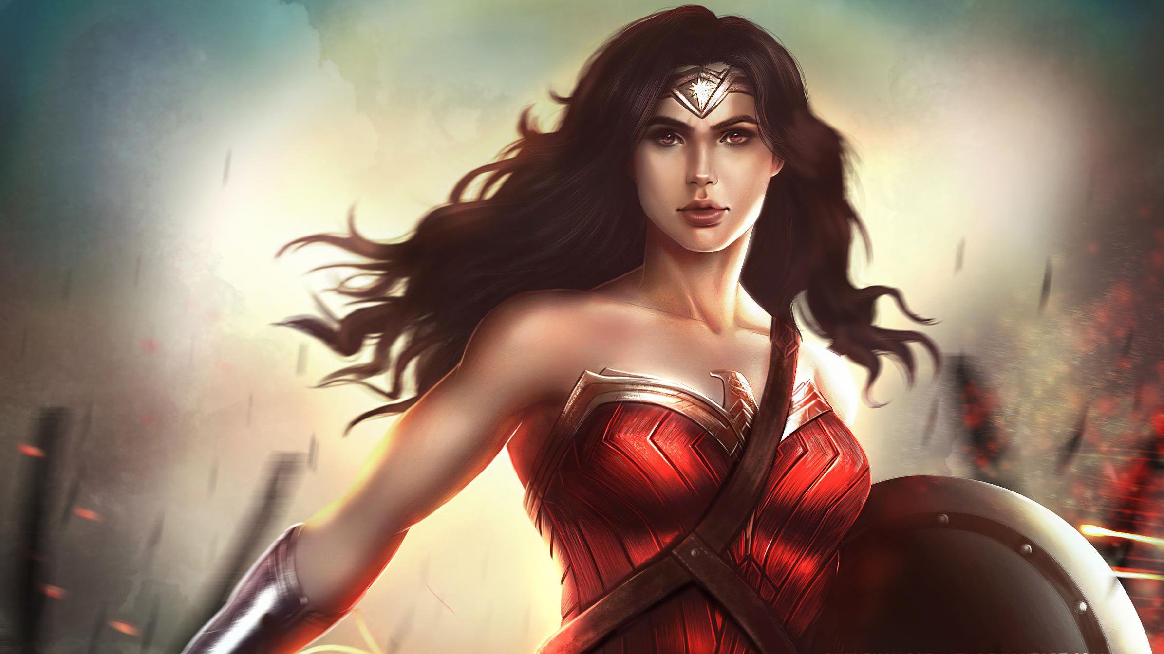 2390x1344 Comics Wonder Woman Girl DC Comics Black Hair Red Eyes HD