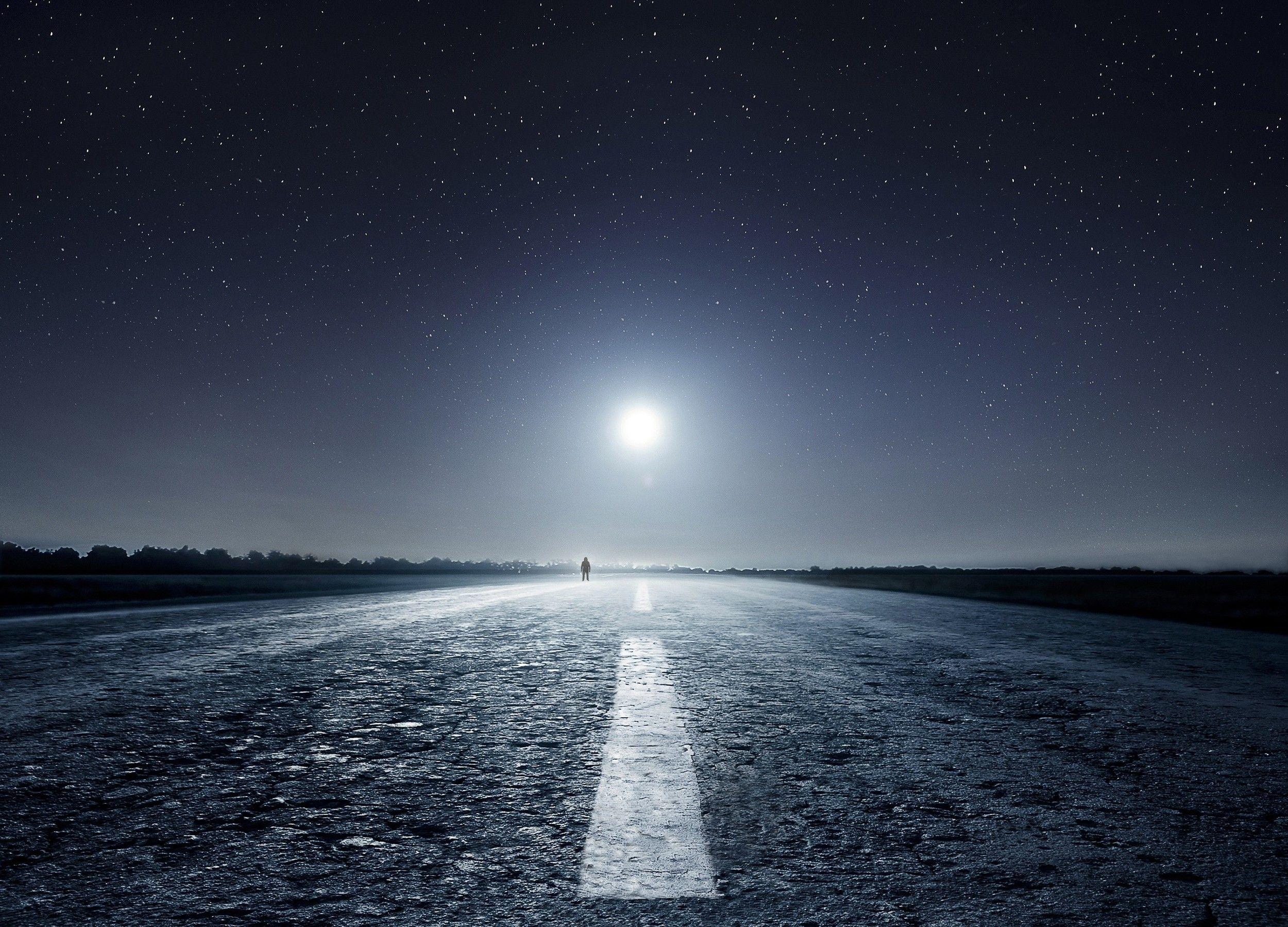 2500x1799 nature landscape starry night moon road asphalt moonlight wallpaper