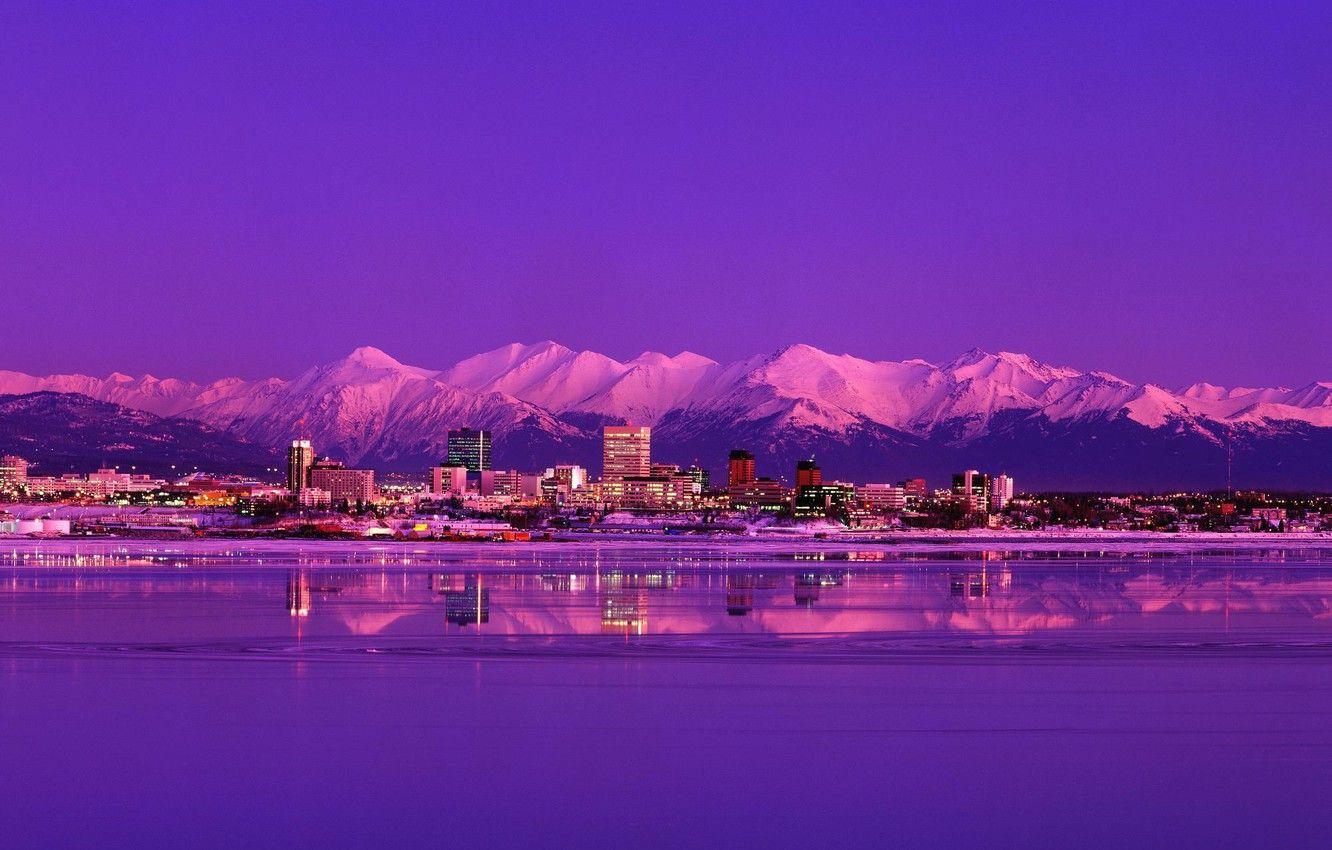 1332x850 Wallpaper mountains, night, the city, lake, Alaska, evening