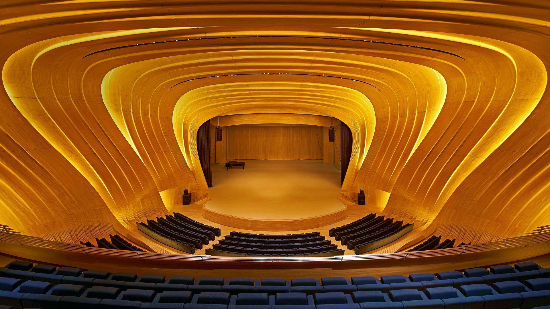 1920x1080 symmetry, Interiors, Modern, Concert hall, Baku, Azerbaijan, Chair, Podiums, Stages, Lights, Piano, Wooden surface Wallpaper HD / Desktop and Mobile Background