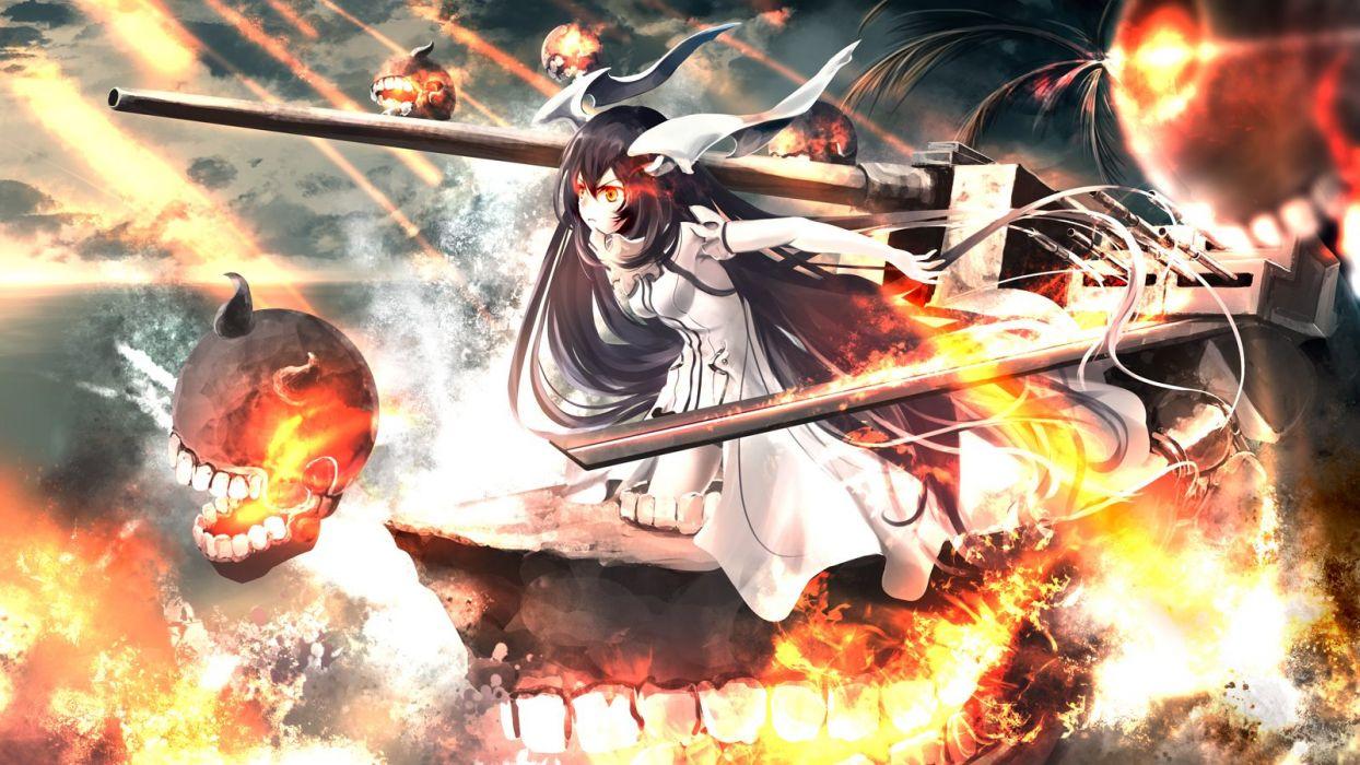 1244x700 Anchorage water demon black hair clouds dress fire horns kantai