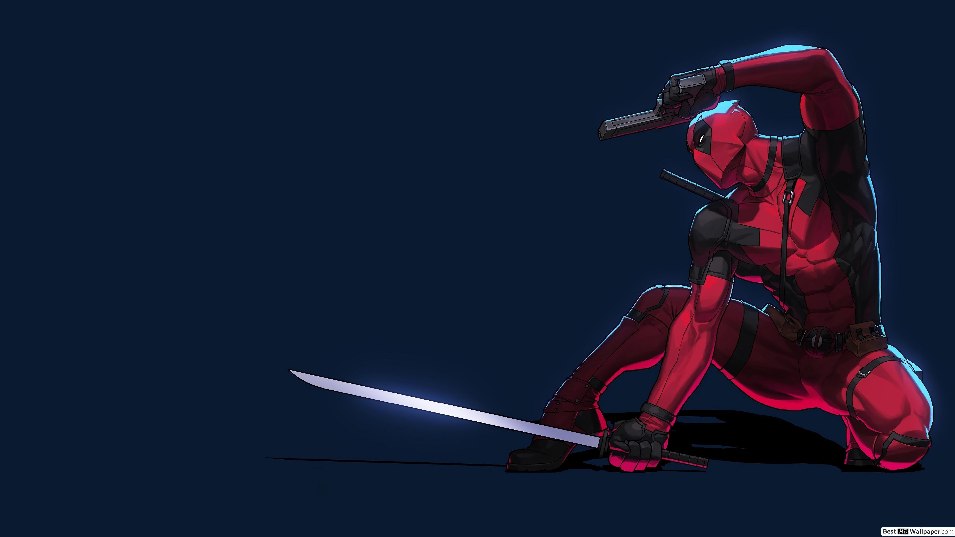 3840x2160 Deadpool katana and gun minimalist HD wallpaper download