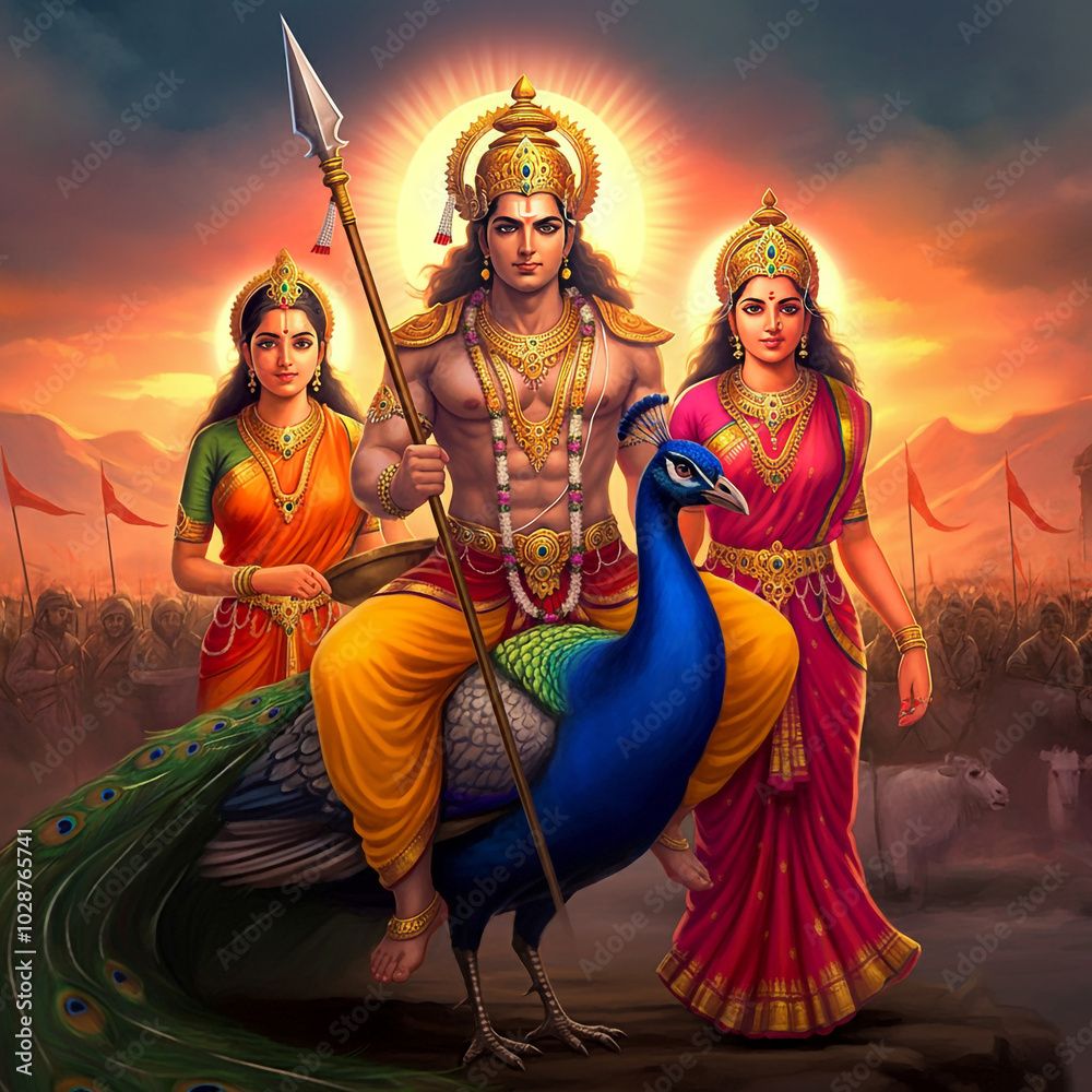 1000x1000 Photo Stock Lord Murugan seated on a peacock, accompanied by Valli and Devasena, set against a dramatic and divine backdrop of mountains and sunlight
