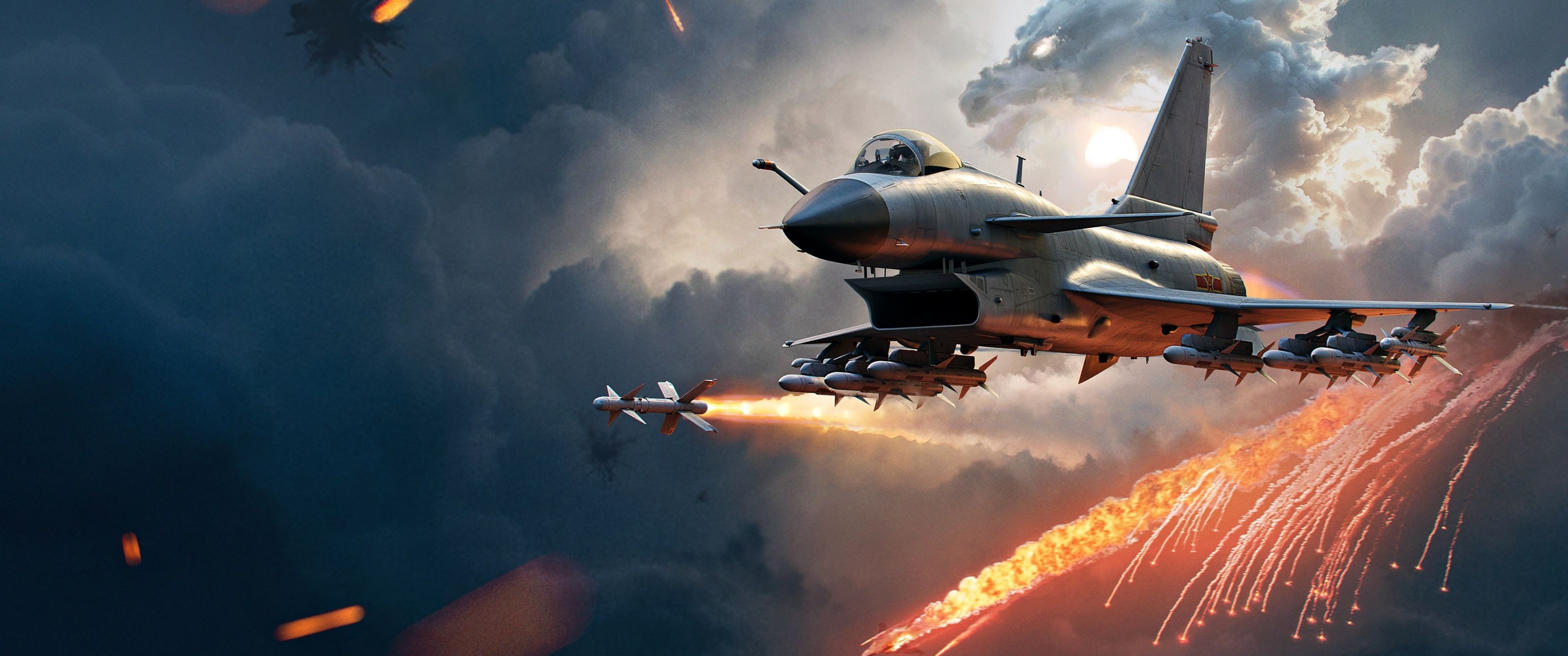 3440x1440 Fighter jet Wallpaper 4K, Missile Launch, Jet fighter