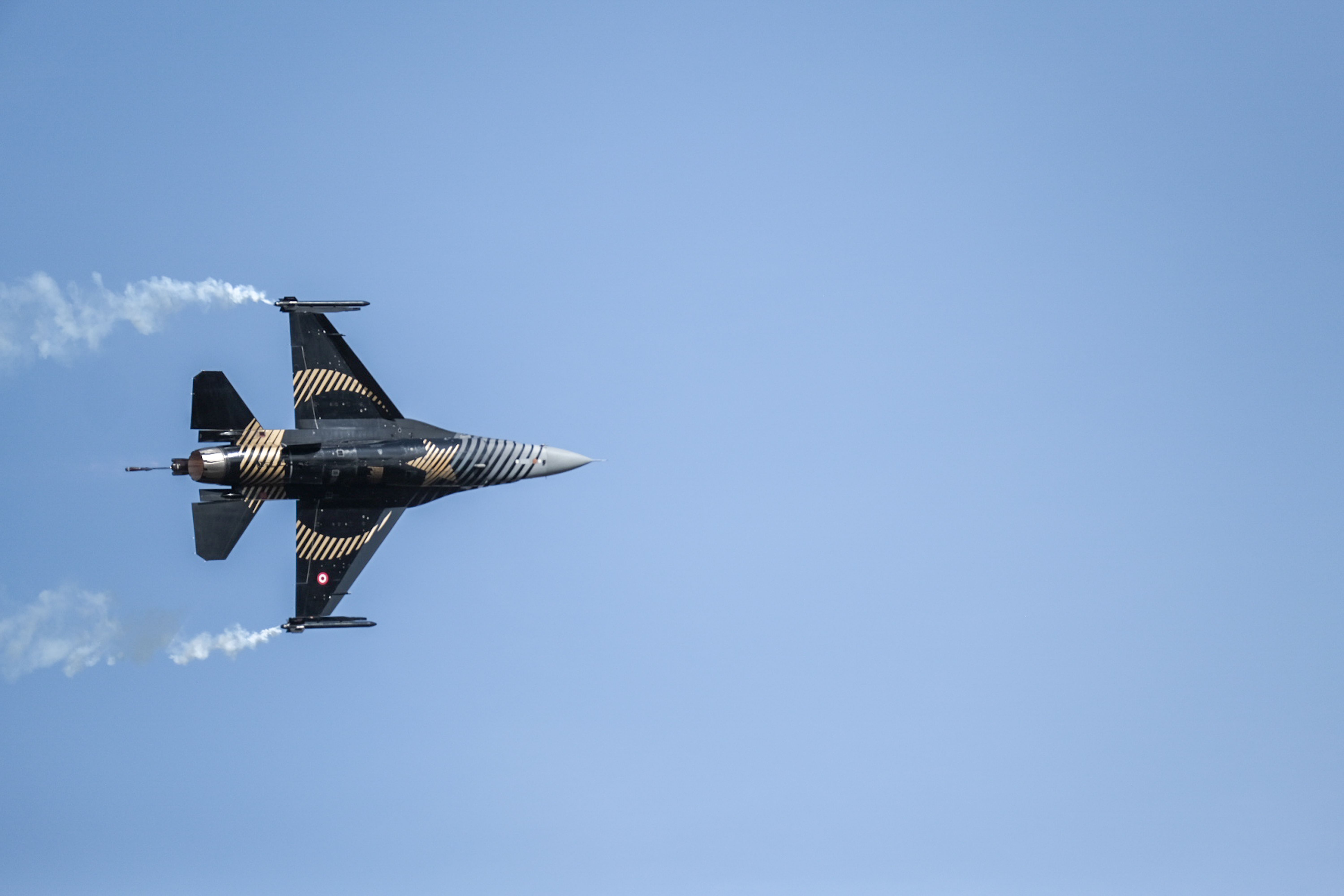 6000x4000 Low Angle Shot of a Military Aircraft on the Background of Clear Sky · Free