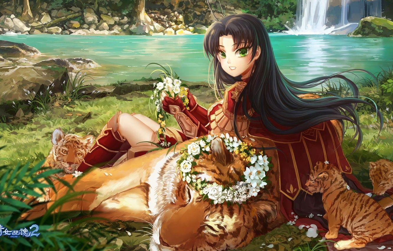 1332x850 Wallpaper girl, tiger, the game, anime, art, wreath, character