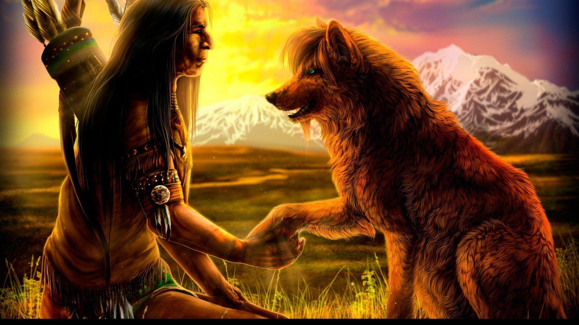 1920x1080 Indian And Wolf Wallpaper HD