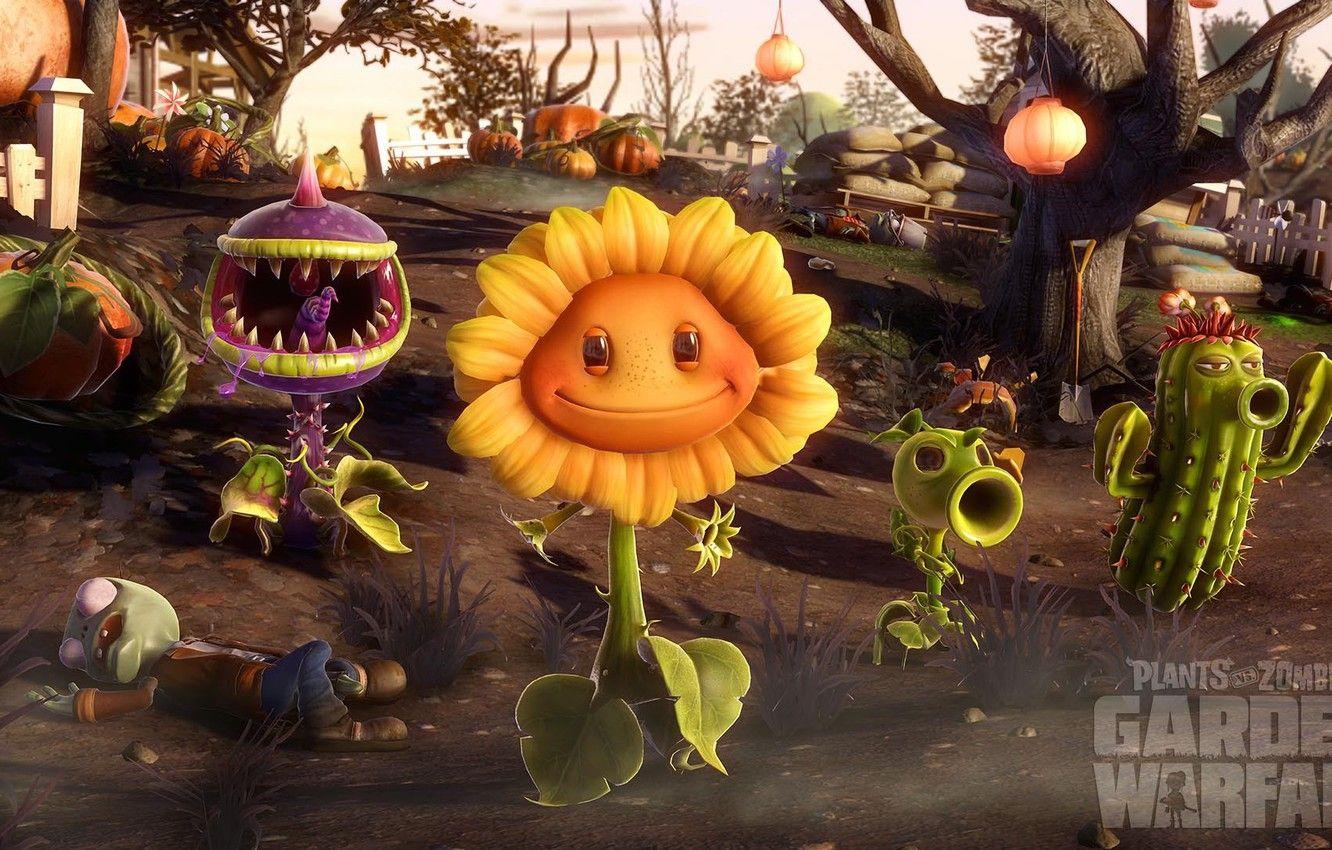 1332x850 Wallpaper war, sunflower, plants, cactus, zombies, pumpkin