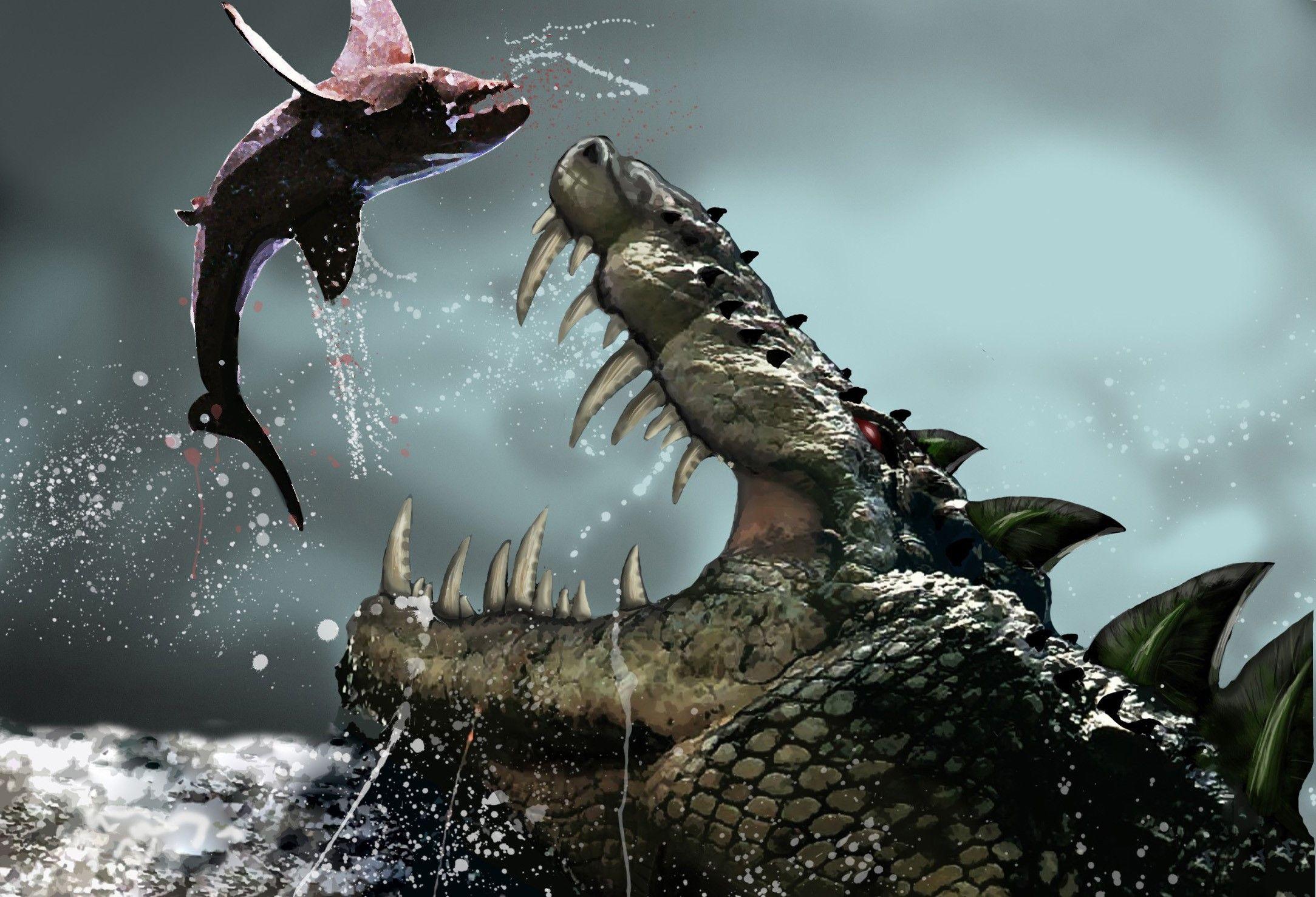 2167x1478 Fantasy Art Creatures Alligator Huge Fish Wallpaper