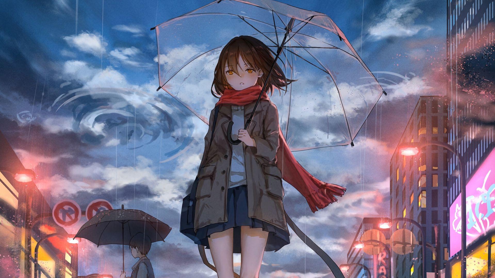 1920x1080 Wallpaper Girl, Umbrella, Anime, Rain, Sadness Girl With