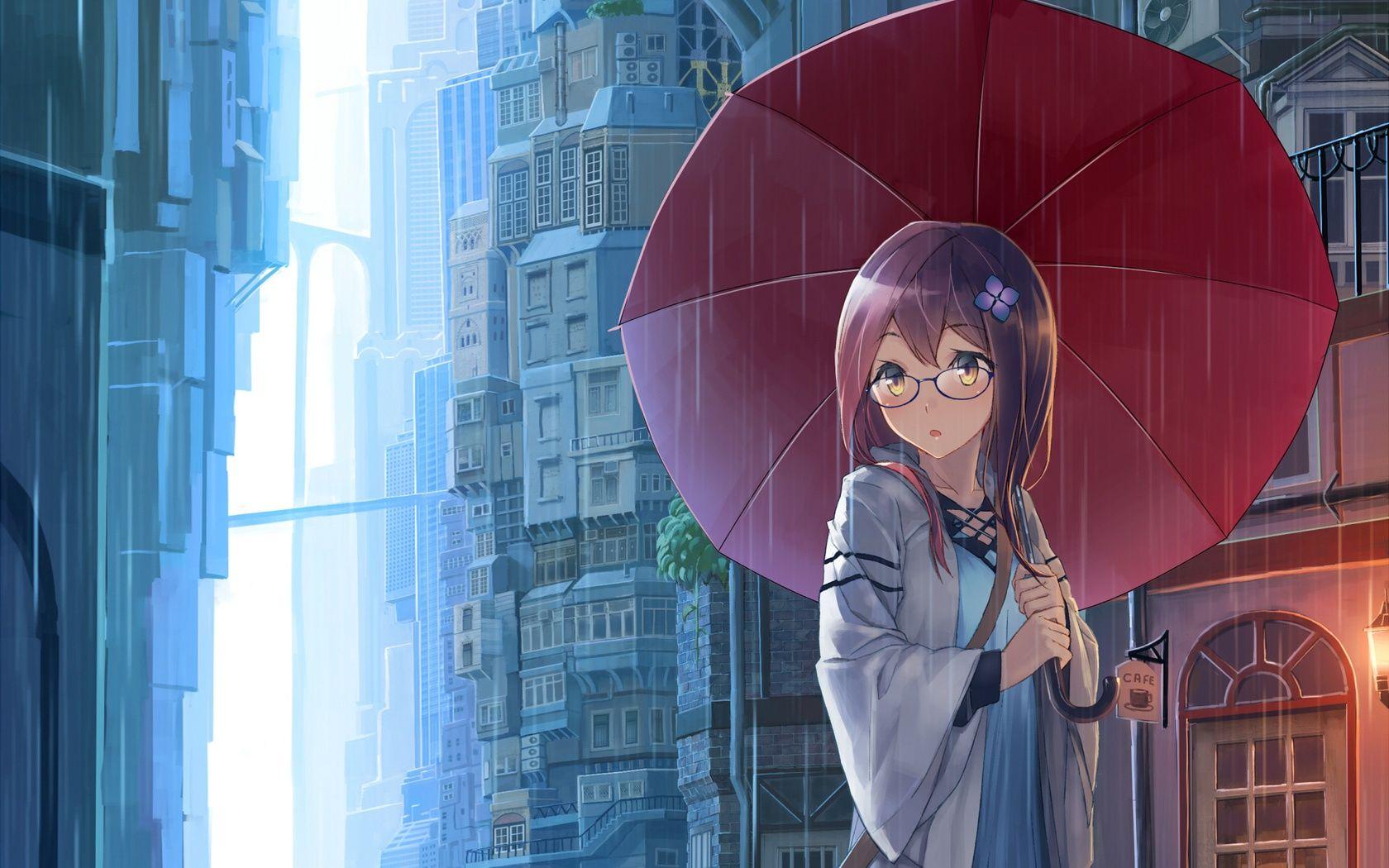 1680x1050 Anime Girl With Umbrellas In Rain Wallpaper