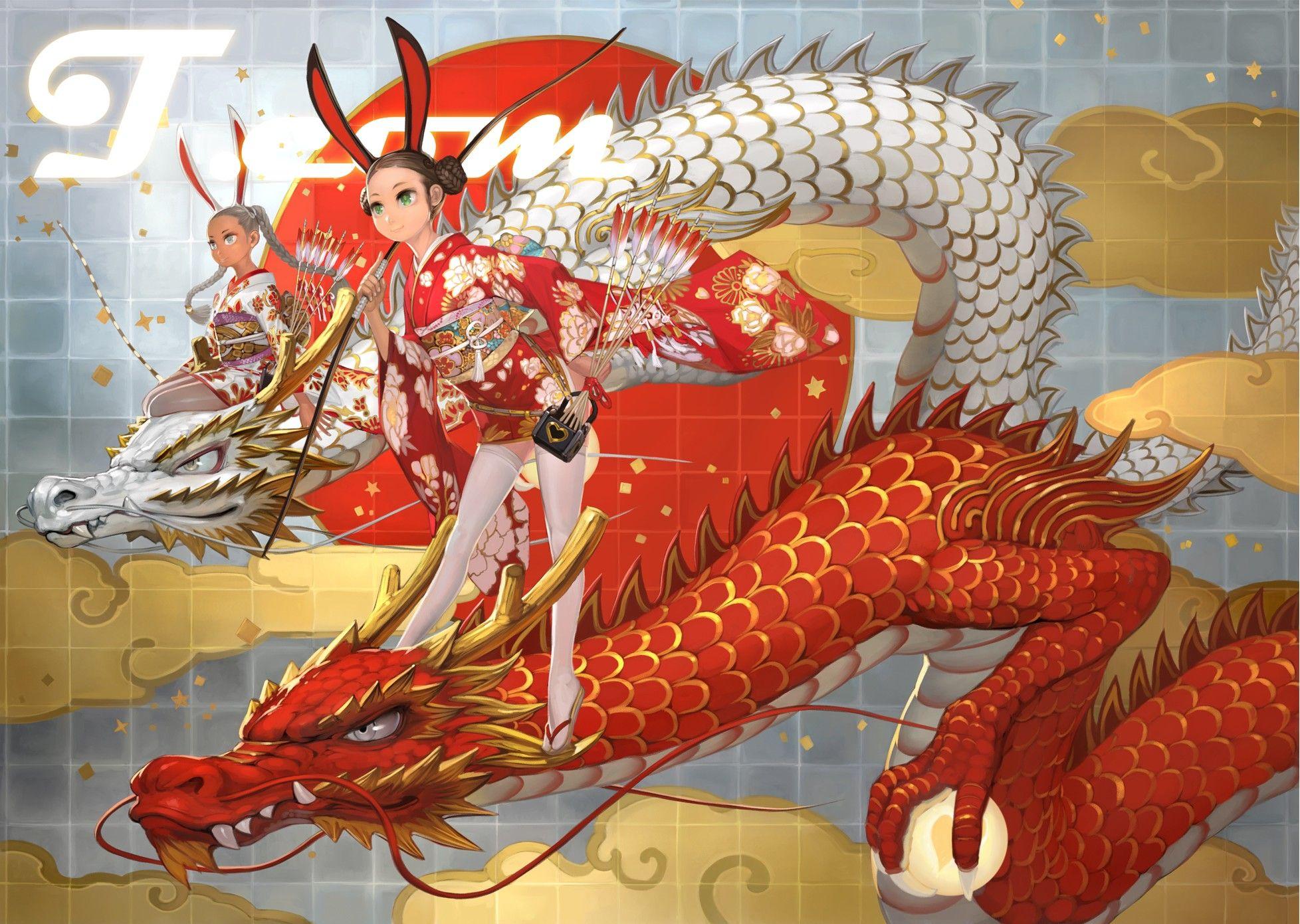 1956x1391 dragons, Japanese clothes, bunny ears, arrows, animal ears, kimono