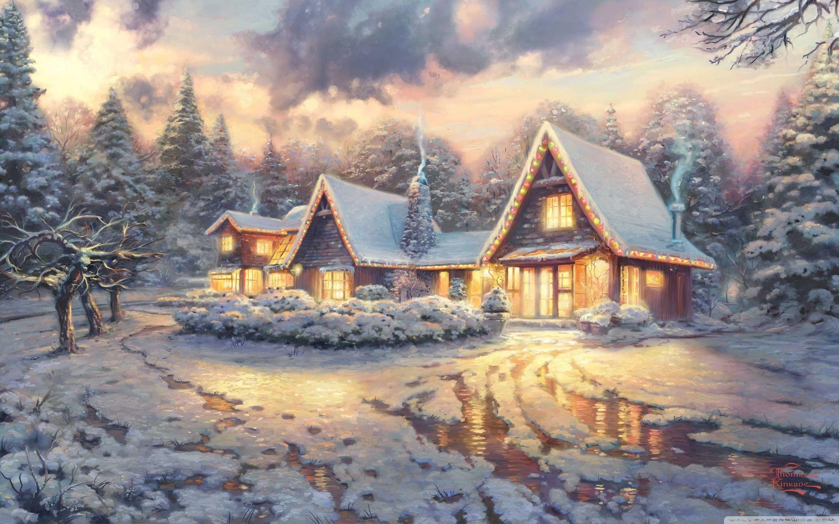 2880x1800 Christmas Lodge by Thomas Kinkade Wallpaper Full HD 2880x1800