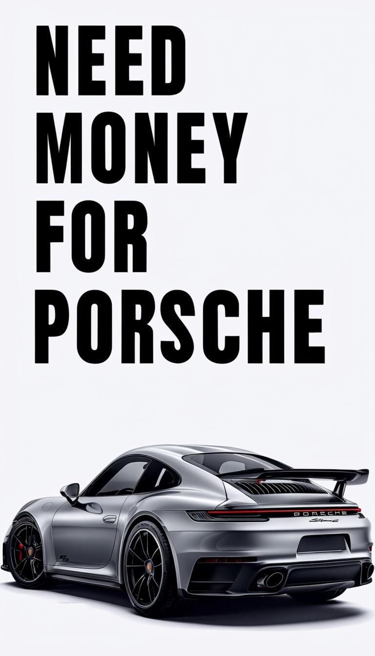 768x1344 Sleek Silver Porsche Sports Car with Bold Need Money Text Mobile Wallpaper