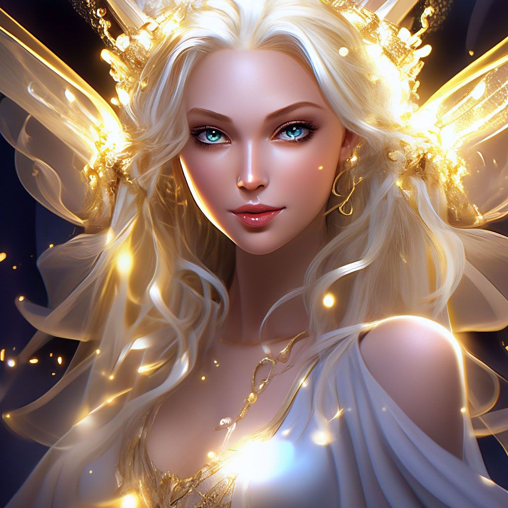 1024x1024 Fairy godmother, blonde hair, refined features, transparent wings, flashes