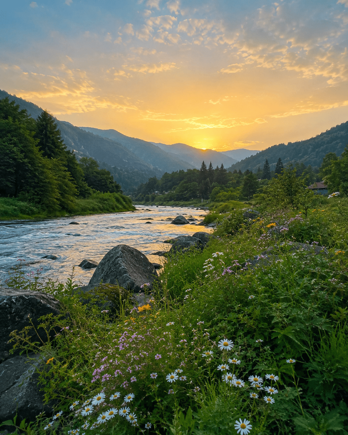 1122x1402 Gold Oppo A55 Yu5040 Back Cover A Serene Nature Landscape Featuring A Flowing River, Colorful Wildflowers, Lush Green Mountains, And A Golden Sunset Perfect Inspiration For Nature Lovers, Travel