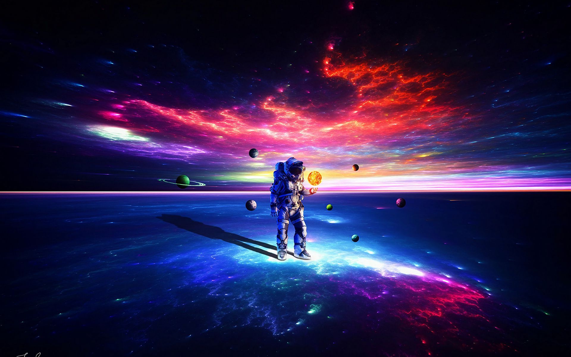 1920x1200 Download wallpaper 1920x1200 cosmonaut, astronaut, space suit, space, planets, colorful widescreen 16:10 HD background