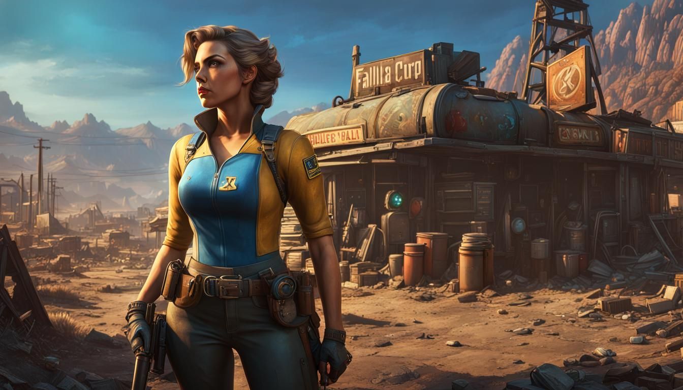 1344x768 Vault Girl in Wasteland Town: Hyperrealistic Splas