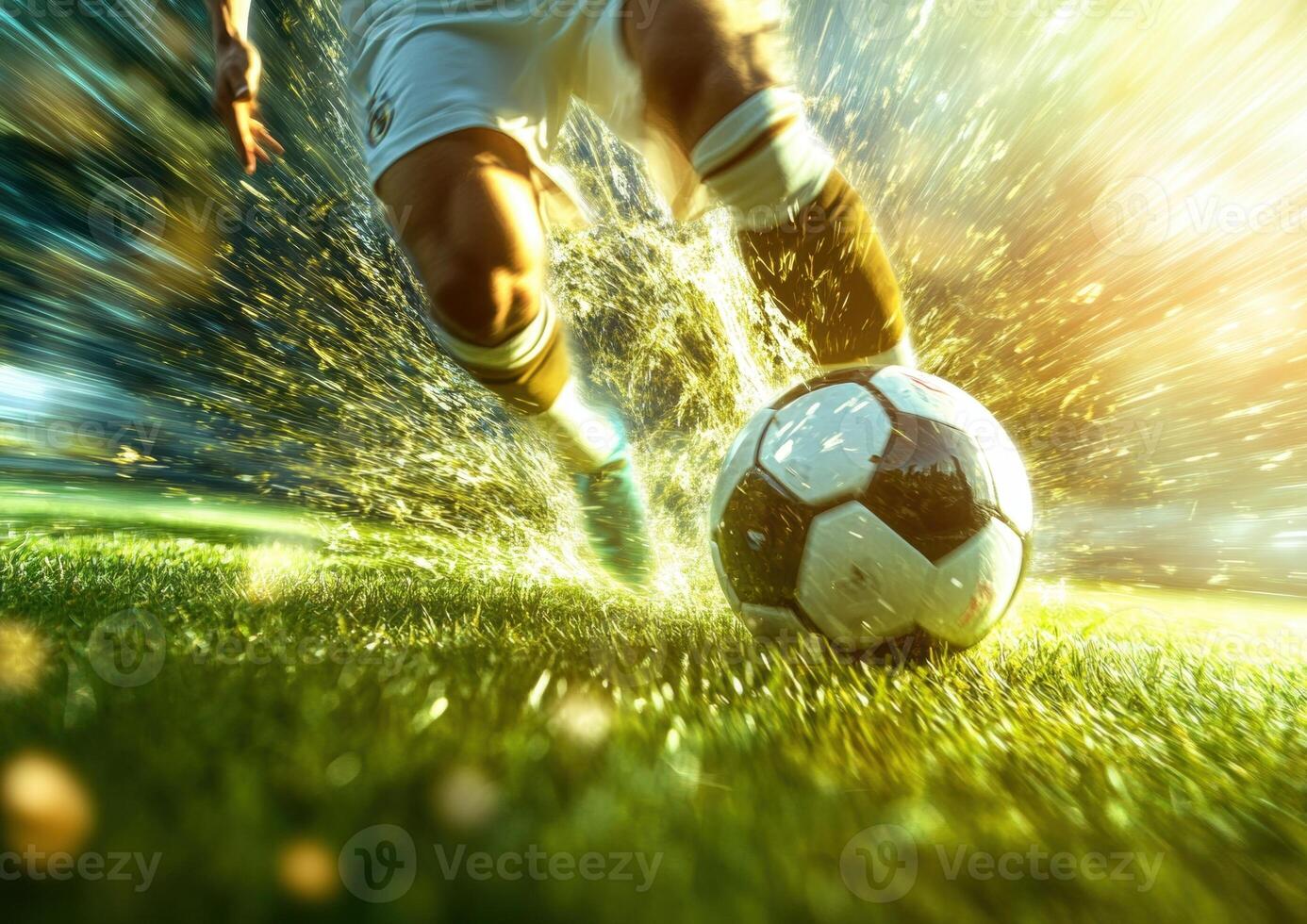 1386x980 Soccer player kicking ball on field with water splashing