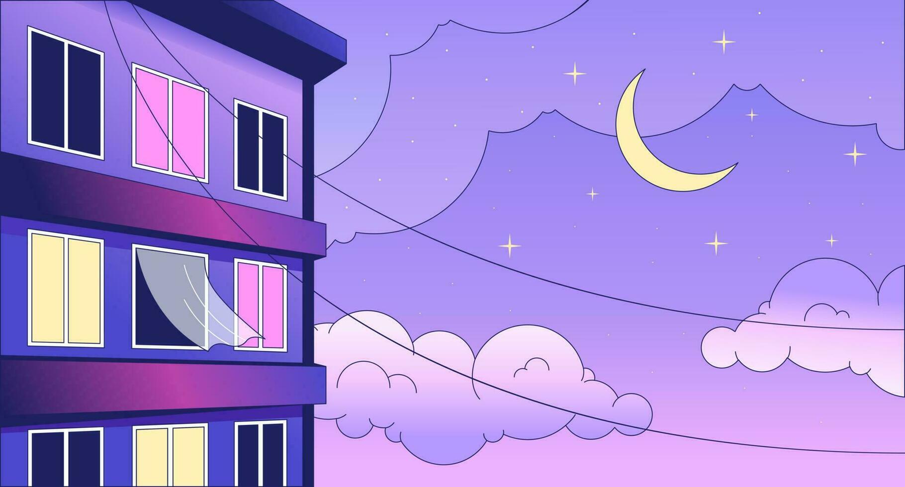 1820x980 Windows apartment building night lo fi chill wallpaper. Moonlight night sky residential 2D vector cartoon landscape illustration, vaporwave background. 80s retro album art, synthwave aesthetics