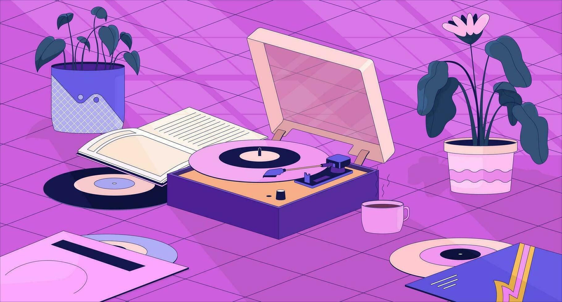 1820x980 Boho vinyl player flowerpots lofi wallpaper. Phonograph records, houseplants 2D cartoon flat illustration. Nostalgia retro style. Dreamy vibes chill vector art, lo fi aesthetic colorful background