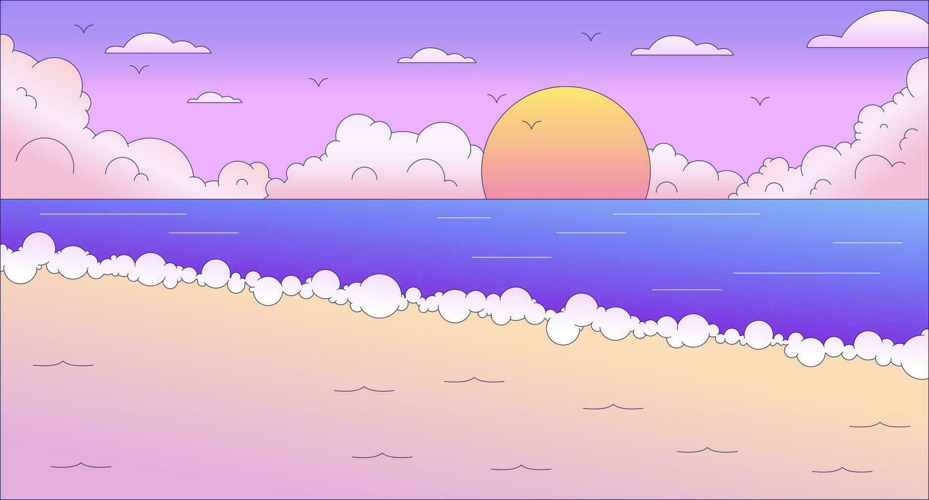 1820x980 Seascape sunset lo fi chill wallpaper. Sunrise ocean waves. Ocean coast. Sun and sand 2D vector cartoon landscape illustration, vaporwave background. 80s retro album art, synthwave aesthetics
