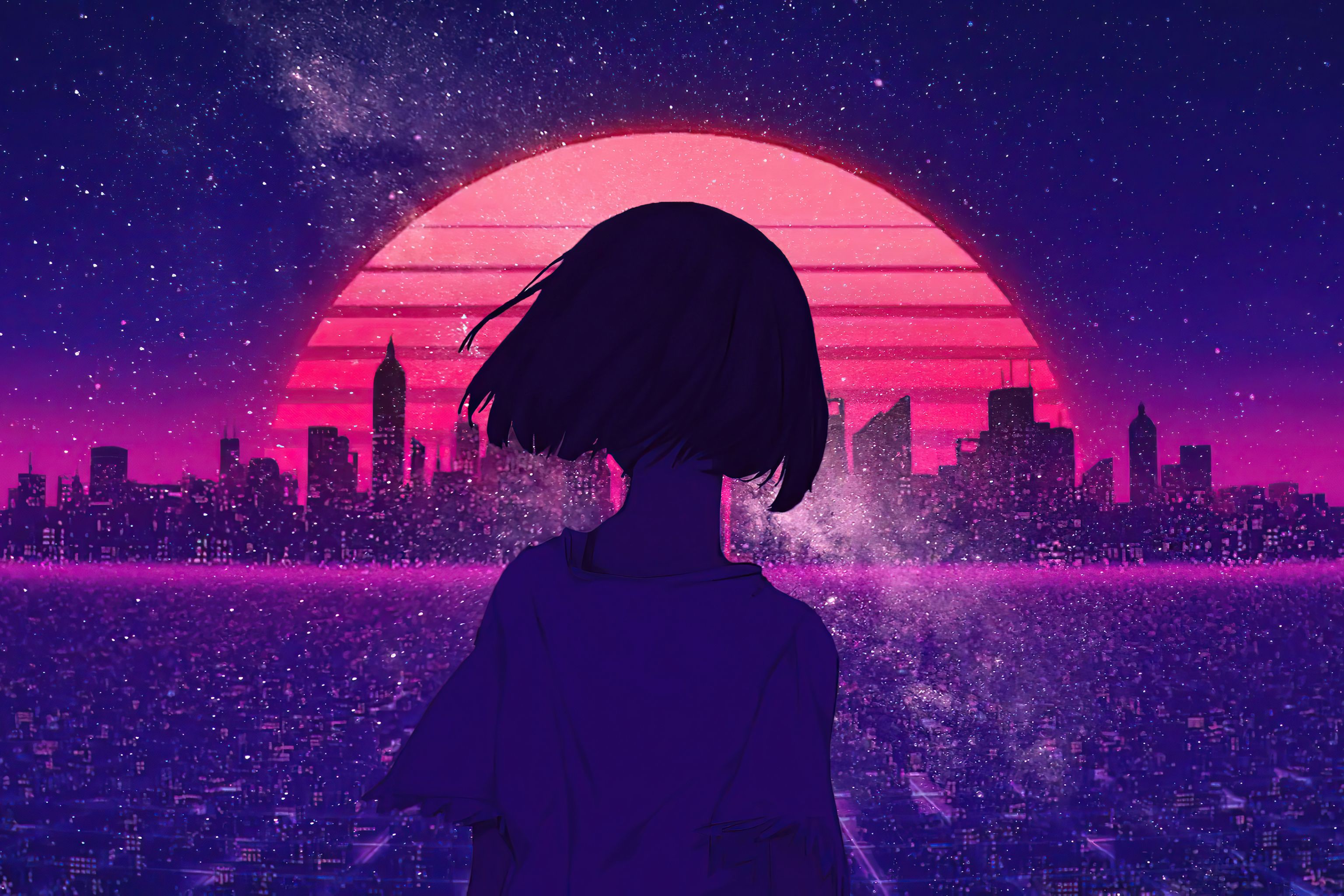 3072x2048 Desktop wallpaper: Synthwave, Retro Wave, Anime, Girl 4K free download for PC. 1426835