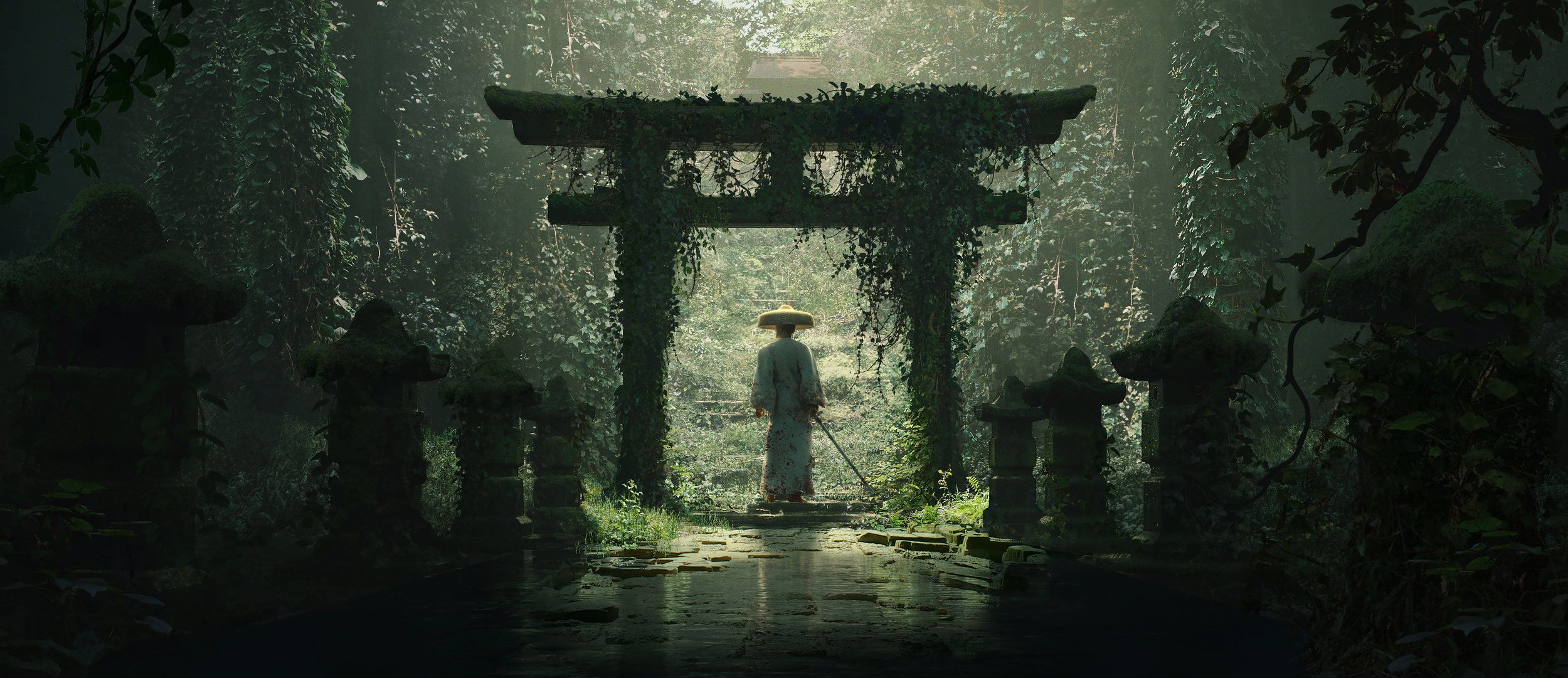 2500x1081 Samurai Shrine Fantasy Warrior HD Wallpaper by Isaac Yeram Kimx1081