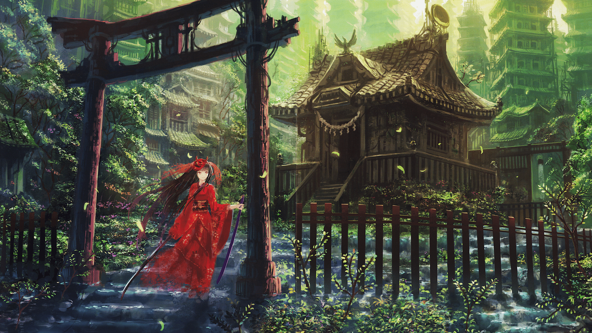 1920x1080 Hinomoto Oniko Samurai Shrine Ultra HD Anime Wallpaper by 電鬼x2160