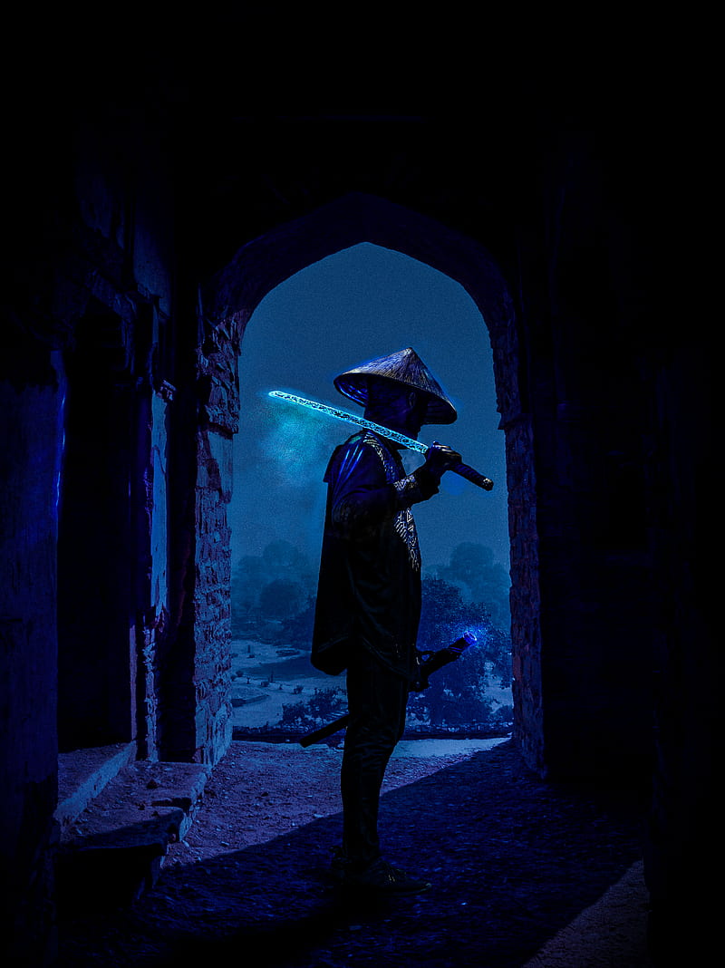 800x1068 Samurai, ice, night, blue, soldier, sword, temple, HD phone wallpaper
