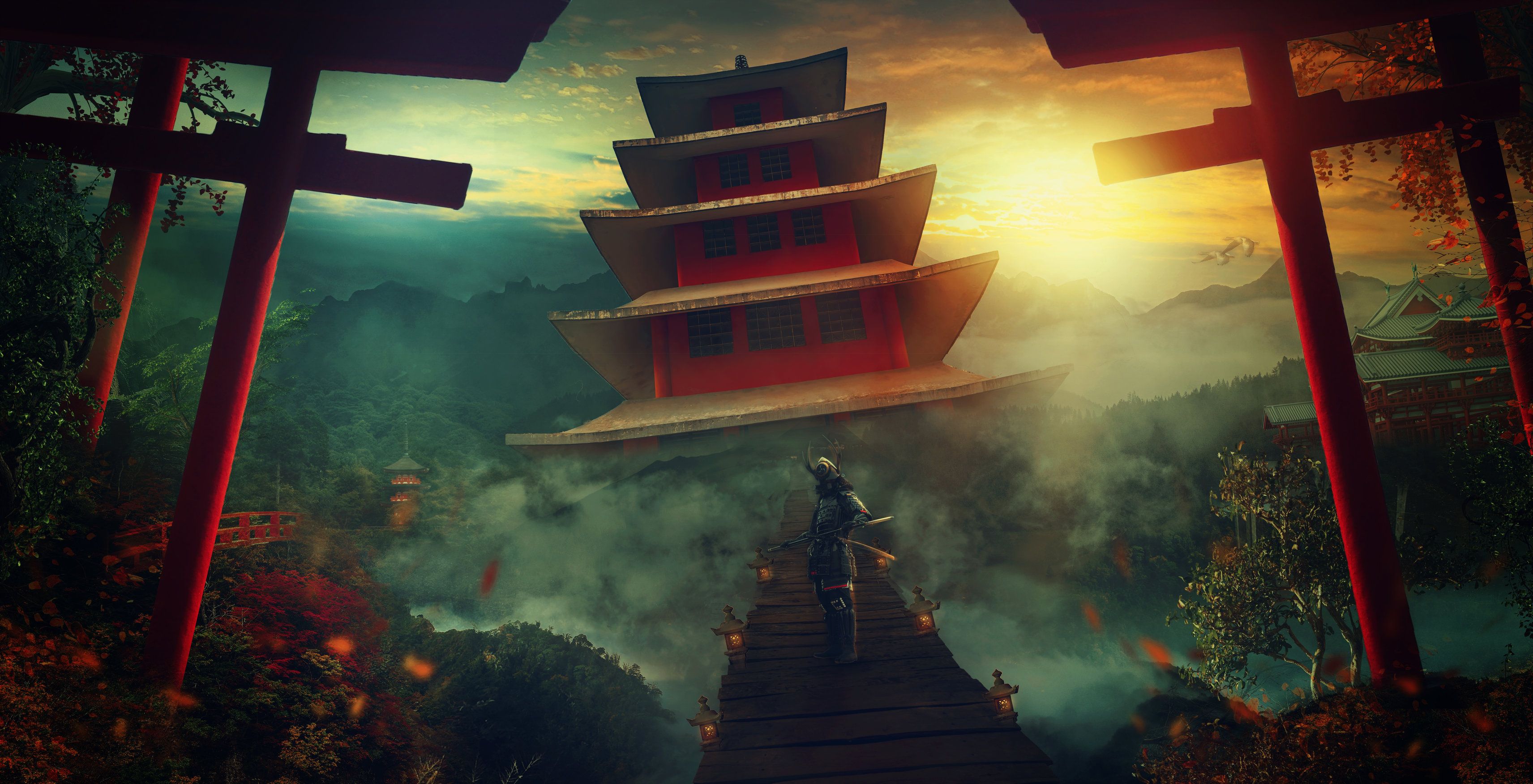 3424x1752 Samurai Warrior at the Mystic Castle