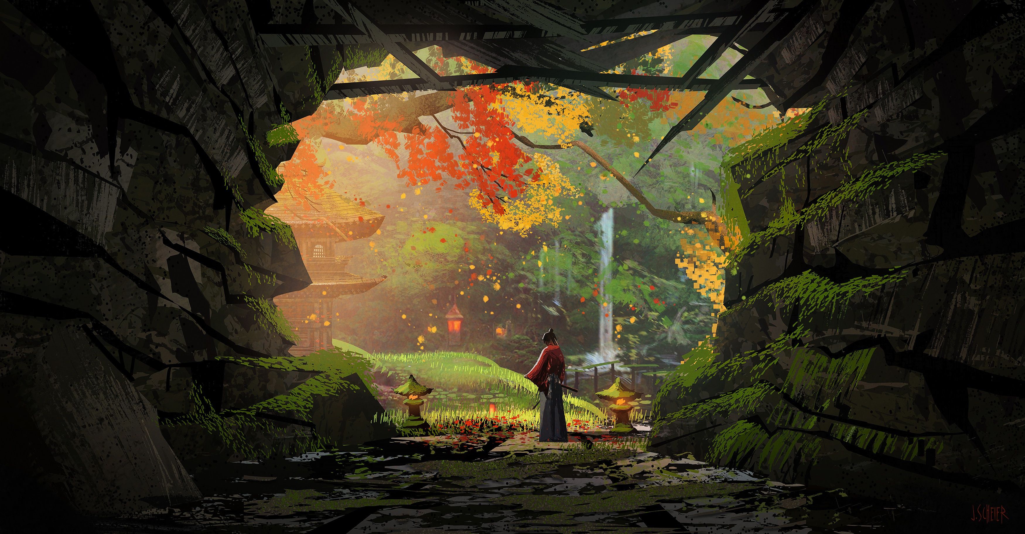 3500x1823 Wallpaper Japan, nature, art, autumn, leafs, waterfall, samurai, cave for mobile and desktop, section живопись, resolution 3500x1823