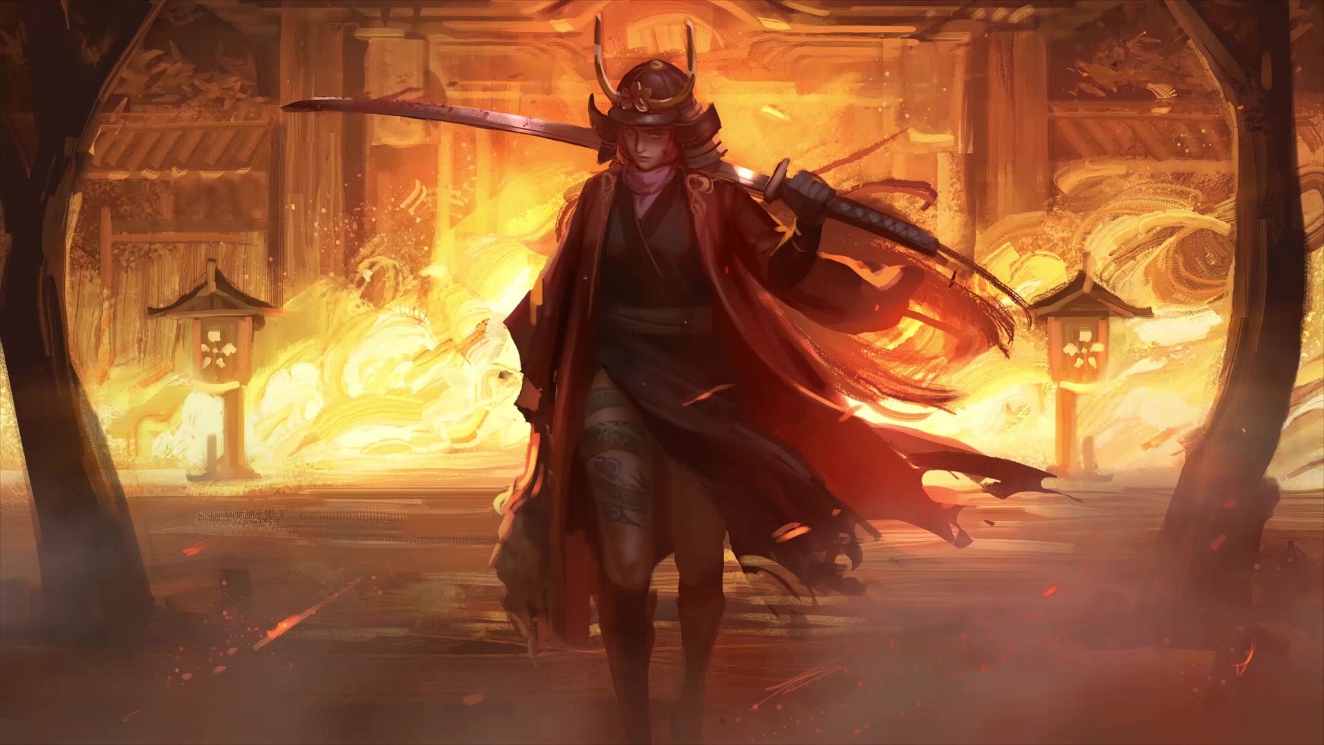 1920x1080 Samurai And A Burning Temple Live Wallpaper