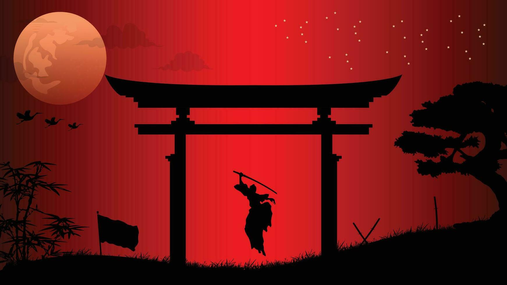 1742x980 illustration vector graphic of Ninja, Assassin, Samurai training at night on a full moon. Perfect for wallpaper, poster, etc