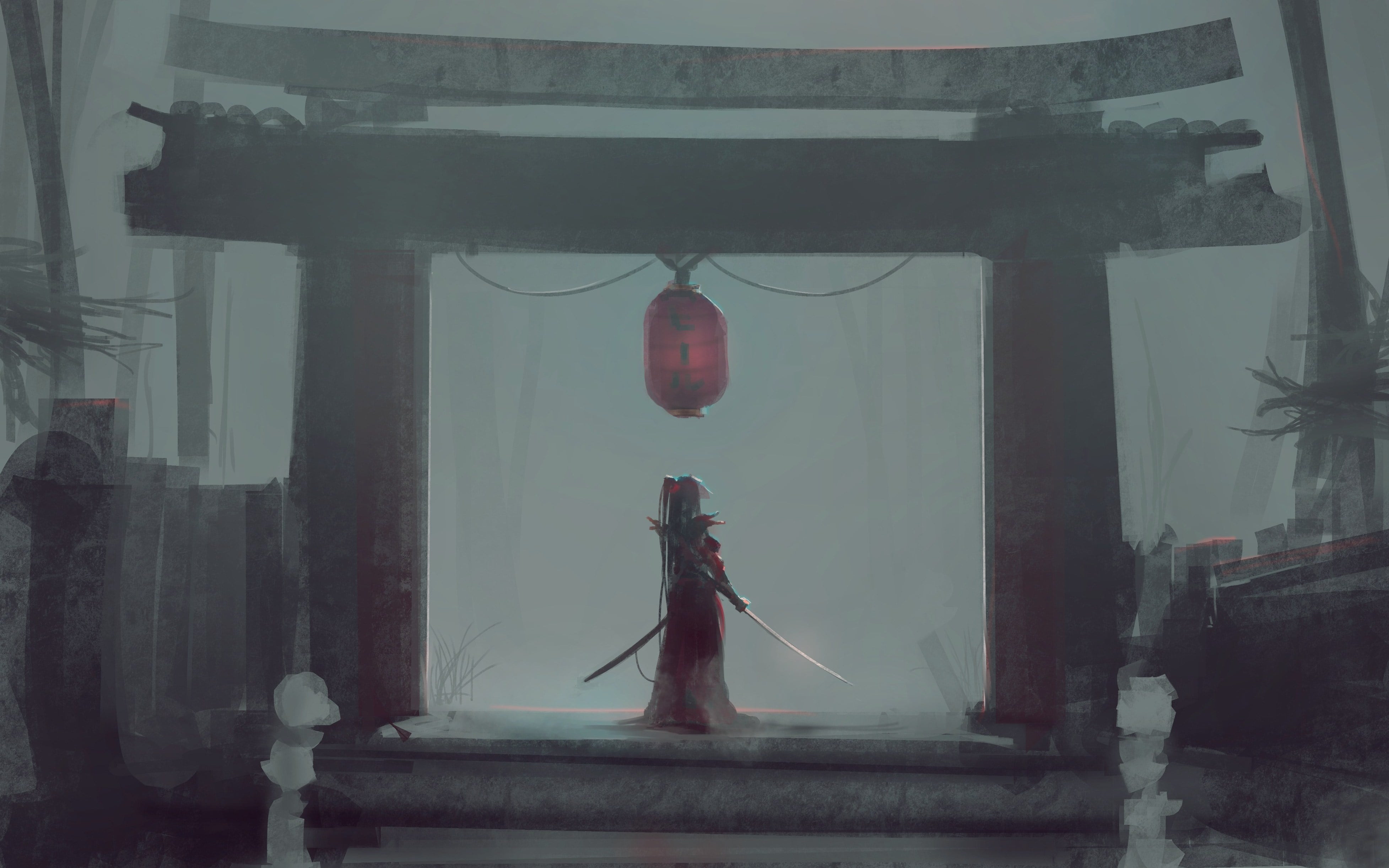 3910x2444 Japanese temple illustration HD wallpaper