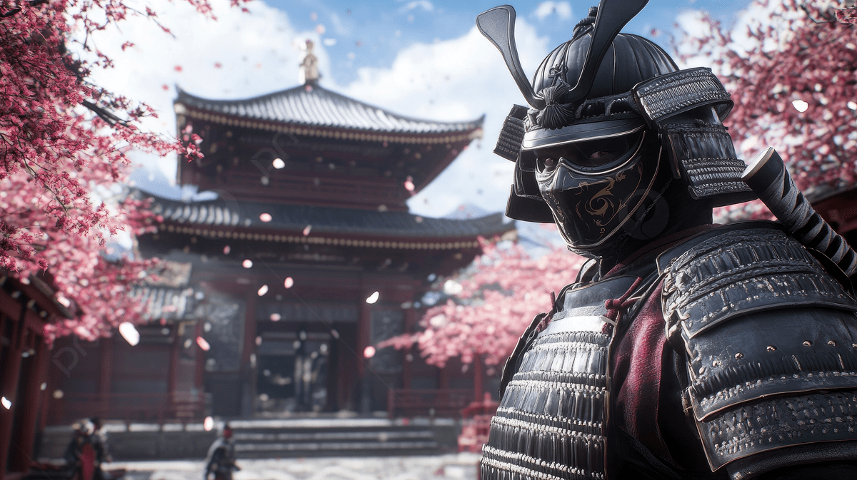 1200x673 A Samurai Wearing An Armor And Mask Stands In Front Of The Temple Photo And Picture For Free Download