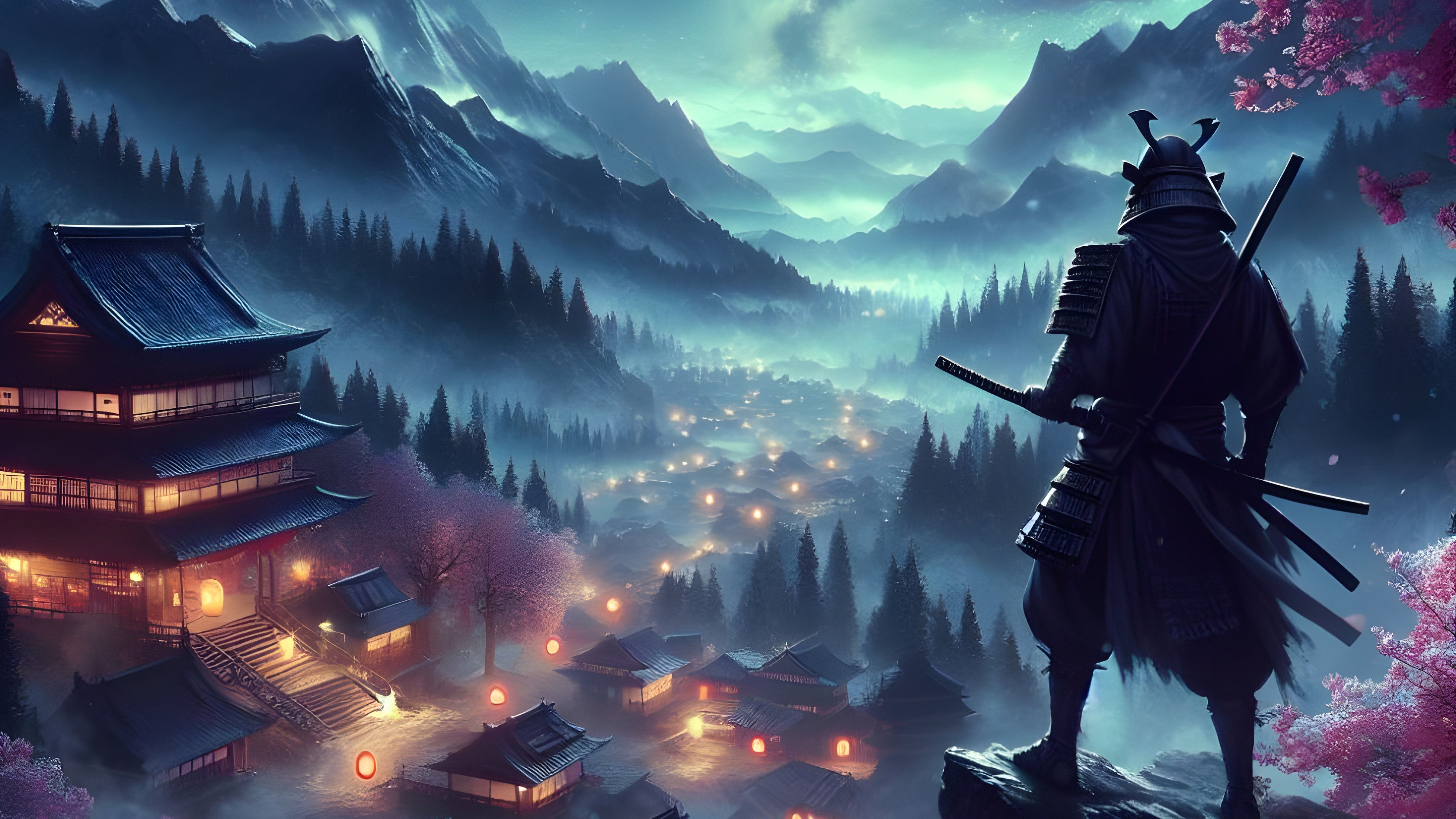 5120x2880 Samurai Overlooking a Misty Mountain Village