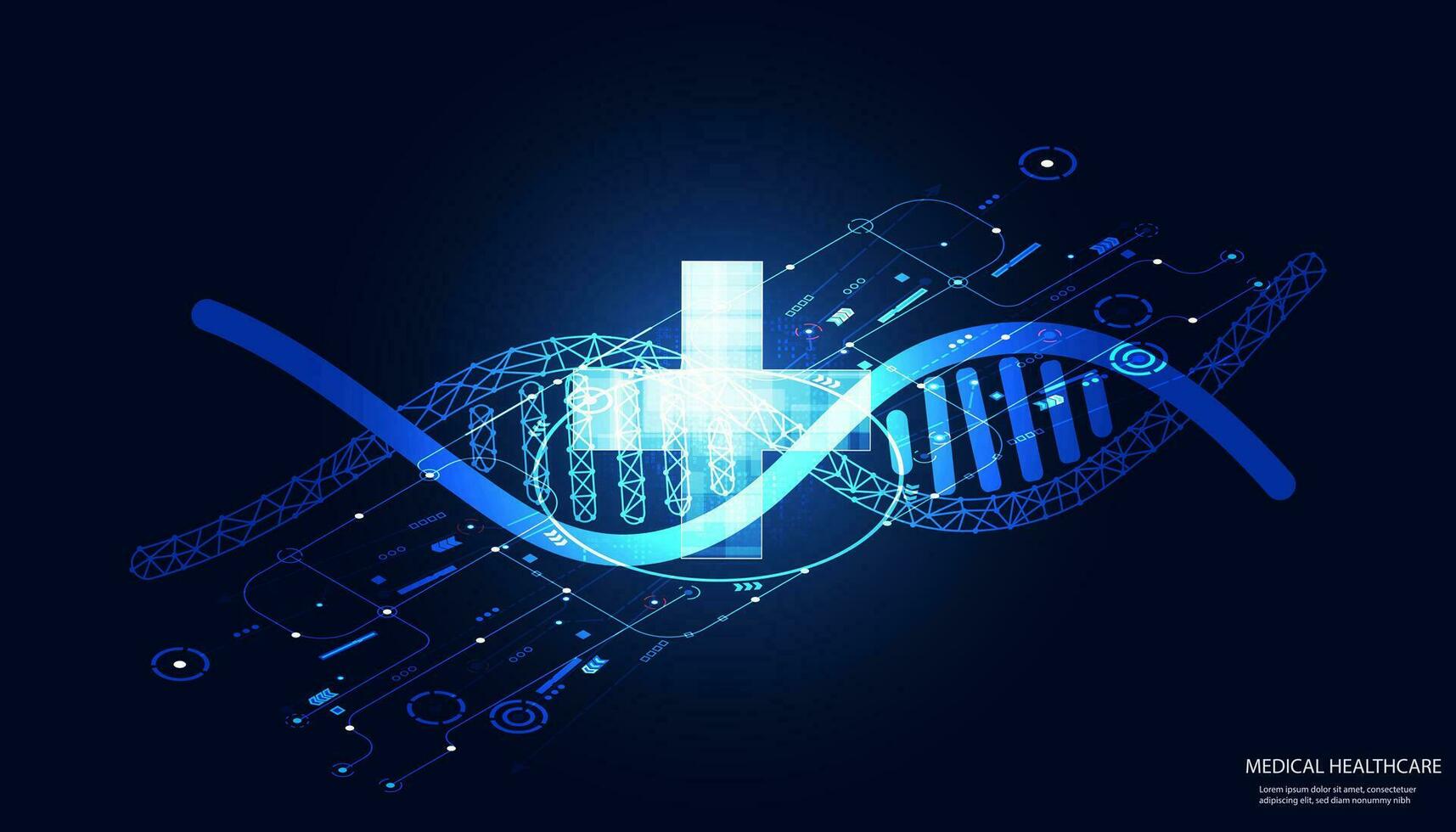 1715x980 Abstract DNA, Digital Flow And Medical Symbol Plus. Concept. Future Treatment, Gene Editing, Modern Medical Technology. On A Blue Background, Hi Tech