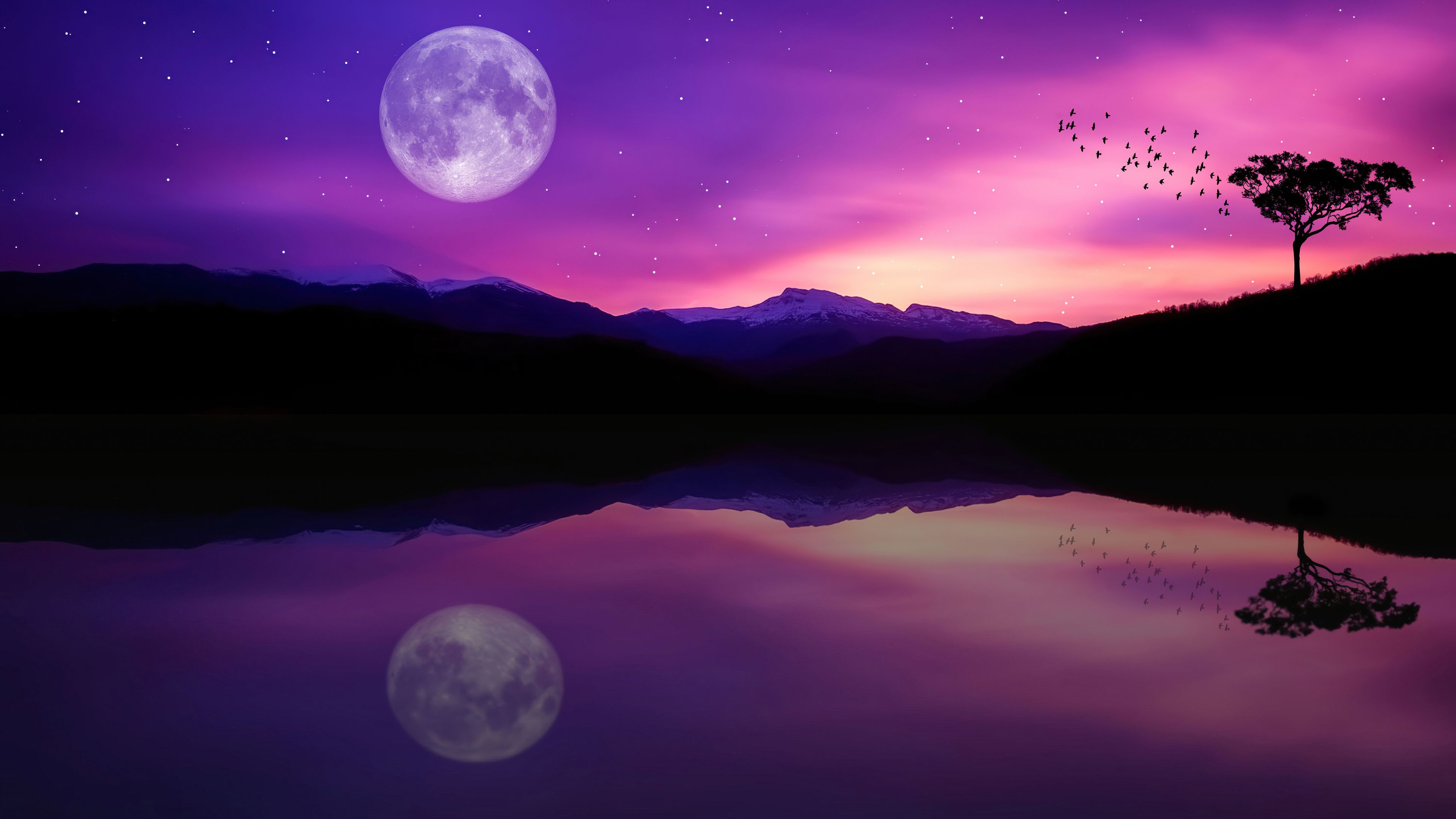 3840x2160 Purple Starry Sky Dusk Full Moon Water Reflection 4K HD Vaporwave Wallpaper