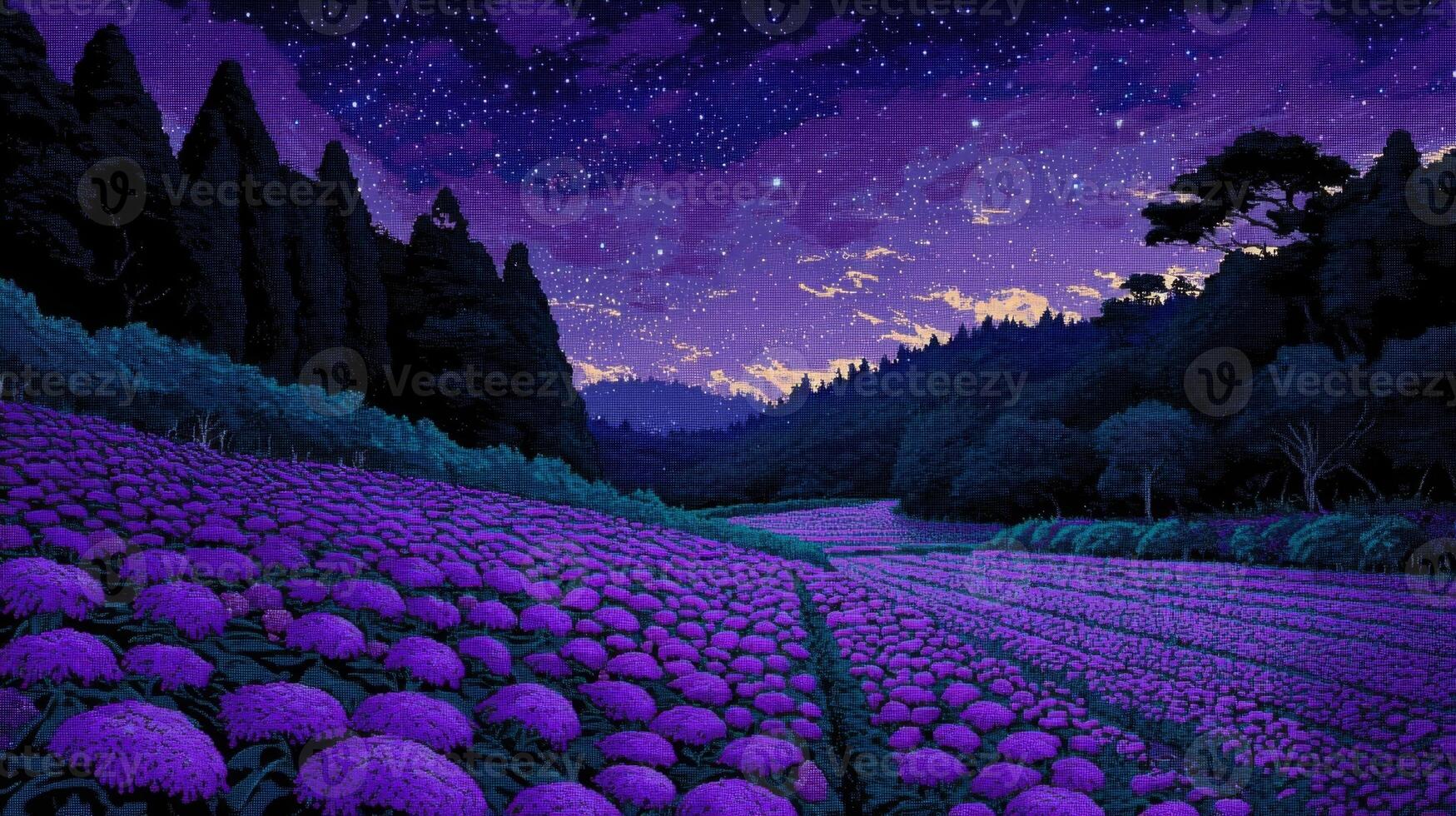 1749x980 Tranquil Purple Flower Fields Under Starry Night Sky with Scenic Mountains and Silhouetted Trees in Background