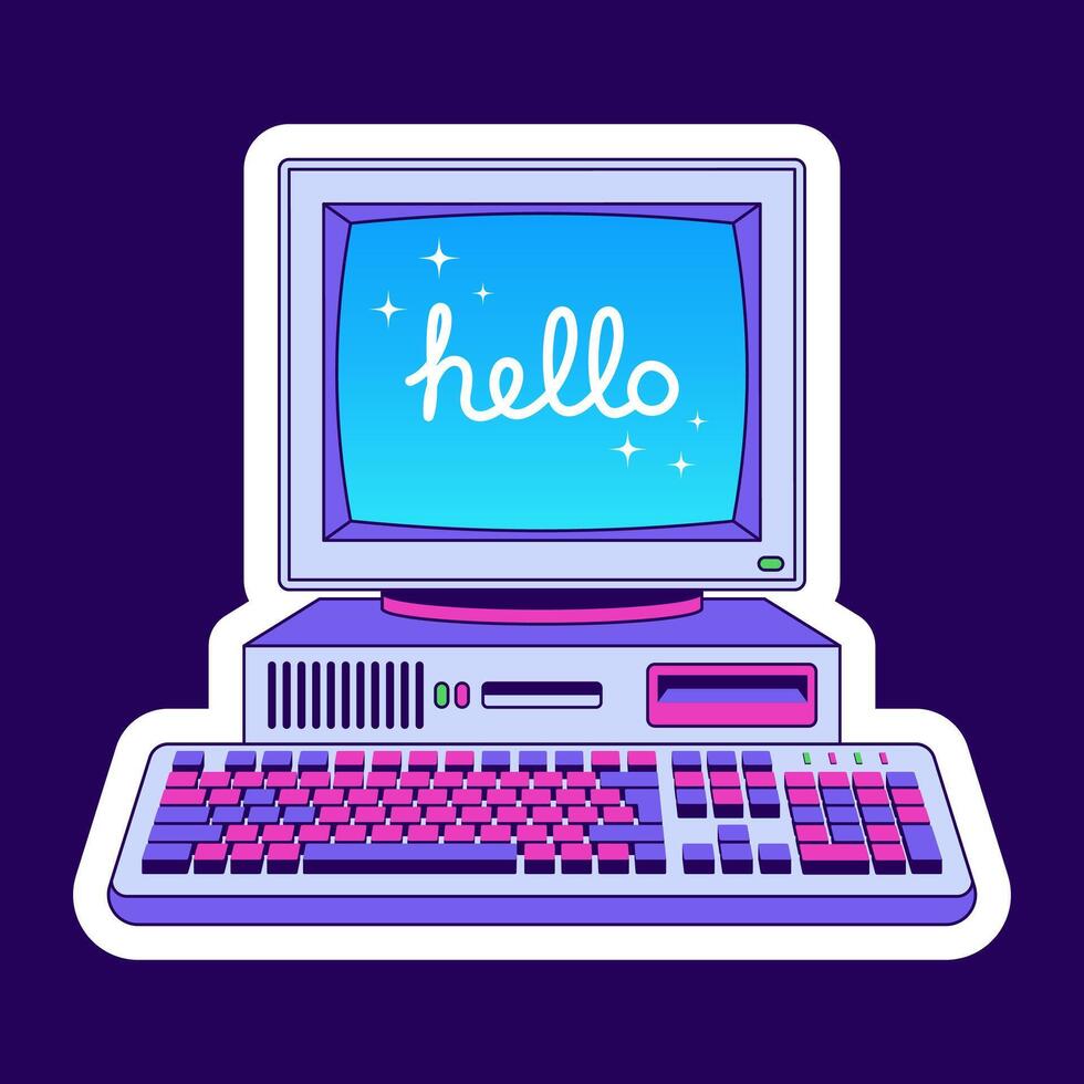 980x980 Antique computer, vintage technology, sticker, illustration