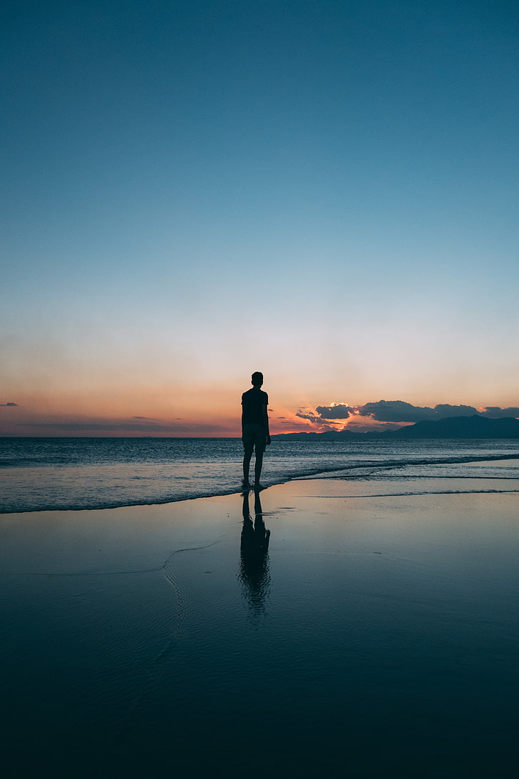 728x1092 HD wallpaper: beach, man, silhouette, sea, shore, surf, sky, real people, water
