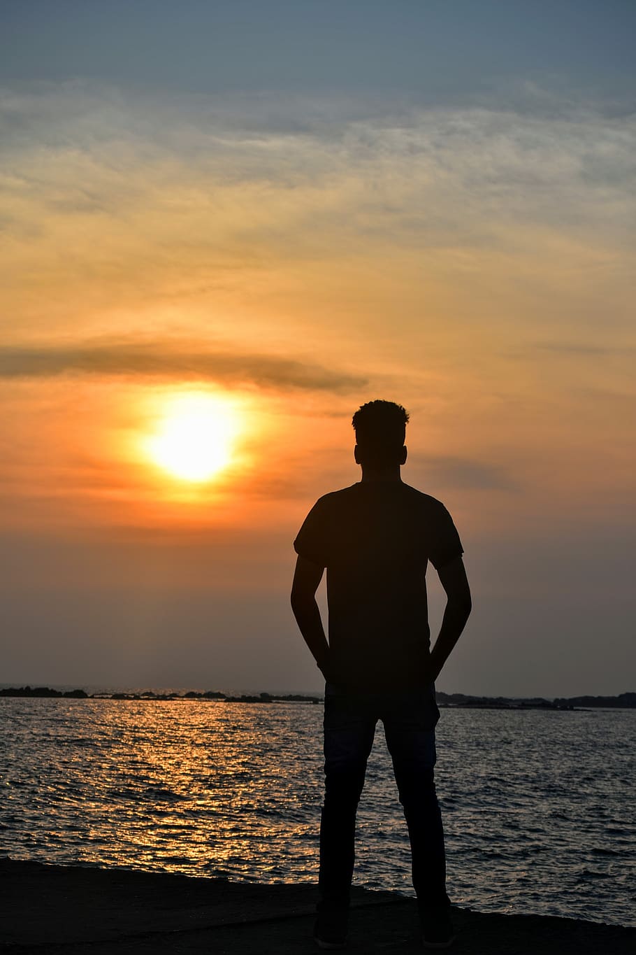910x1365 HD wallpaper: sunset, dawn, sea, beach, water, dusk, nature, silhouette, people