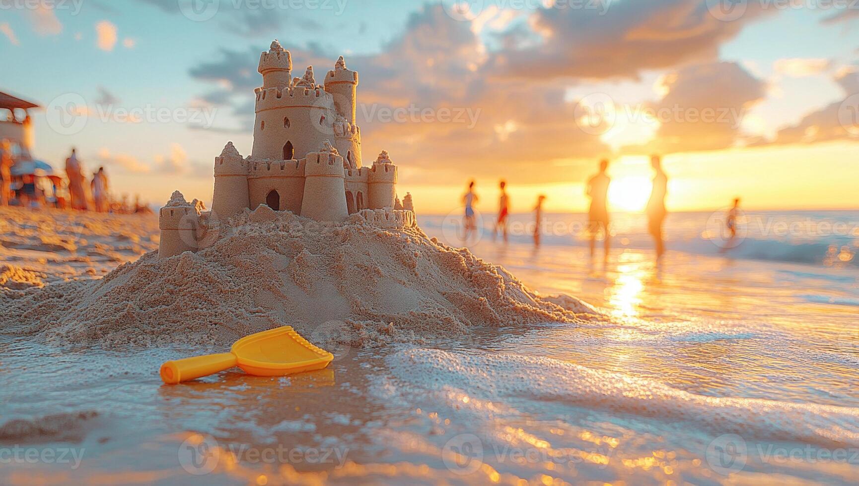 1730x980 Sandcastle built on the beach with yellow plastic shovel at sunset with blurred people walking on the background