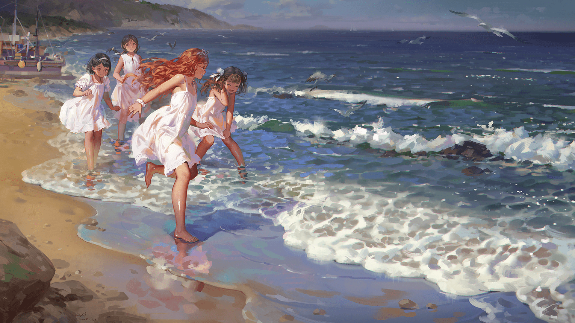 1920x1080 Serene Anime Beach: HD Ocean Waves and Sunlit Shorex1080