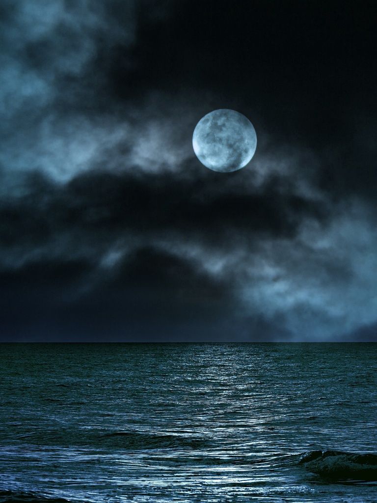 768x1024 Moon Wallpaper 4K, Seascape, Night, Clouds, Ocean