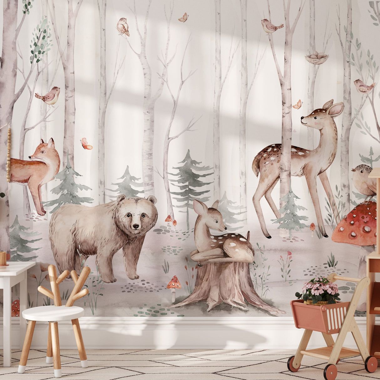 1214x1214 Woodland Creatures Watercolor Wall Mural Wallpaper. EazzyWalls 168''W x 120''H / Canvas Peel & Stick